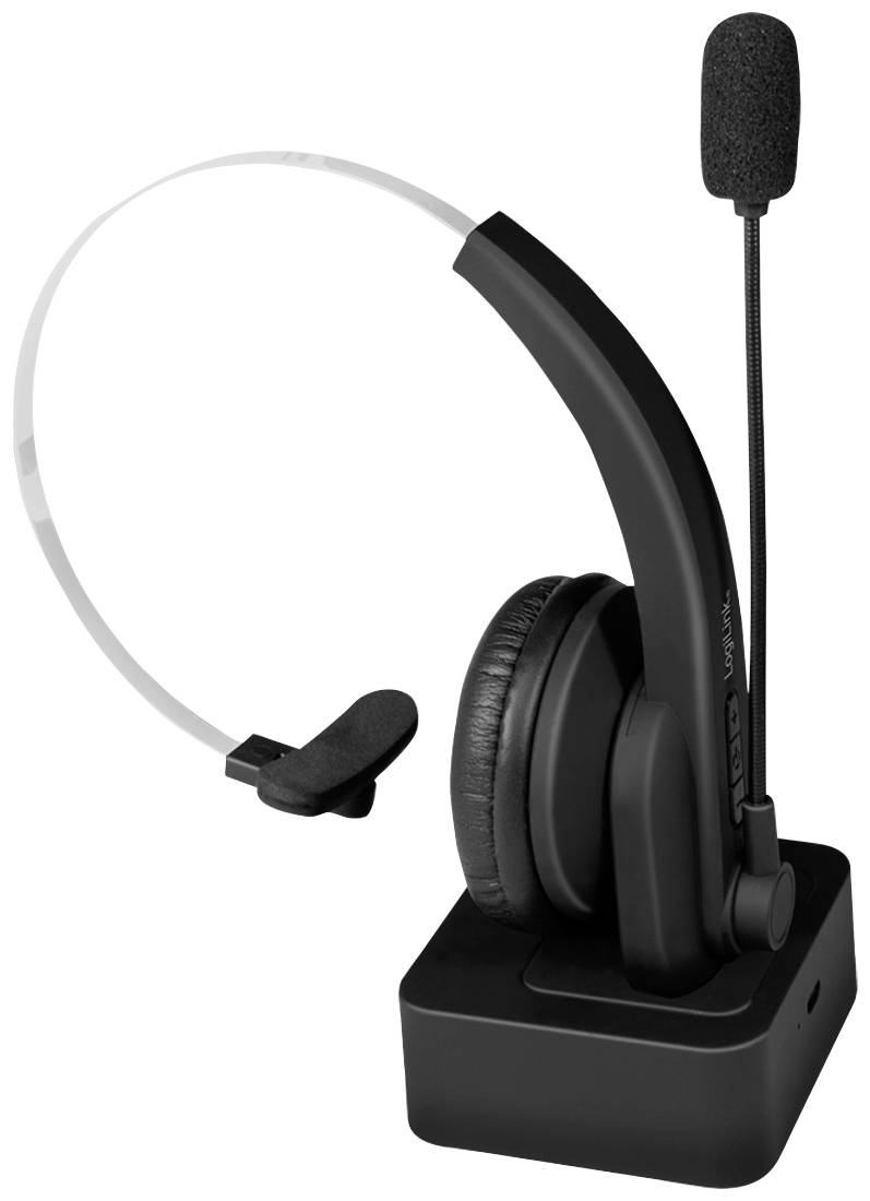 Zwart draadloos headset met microfoon en oplaadstandaard, geschikt voor telefoonvergaderingen en geconcentreerd werken op kantoor.