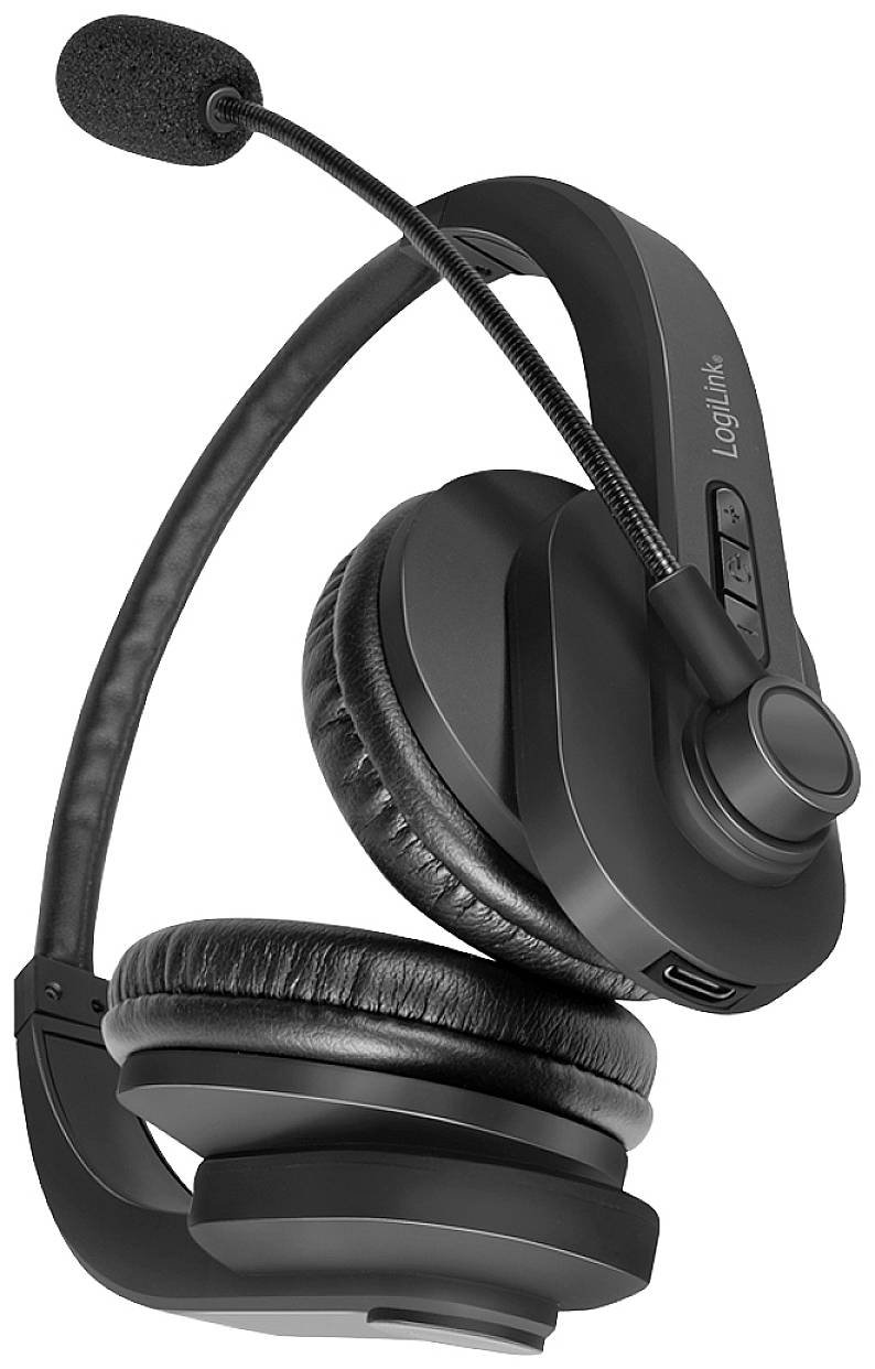 Een zwarte draadloze headset met microfoon, oorschelpen en bedieningselementen aan de zijkant. Geschikt voor telefoongesprekken of gaming.