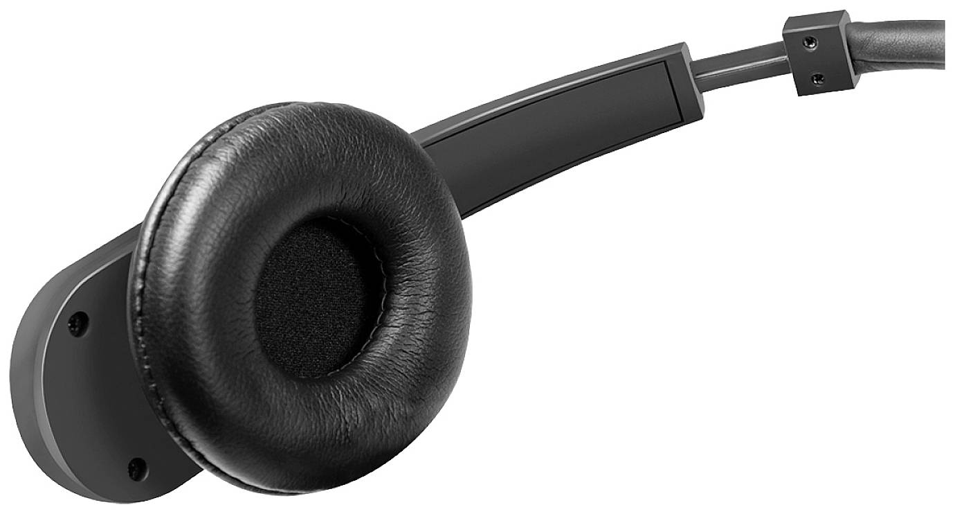 Telefoonheadset met zwart oorkussen en verstelbare beugel. Ideaal voor heldere communicatie en comfortabel dragen gedurende langere tijd.