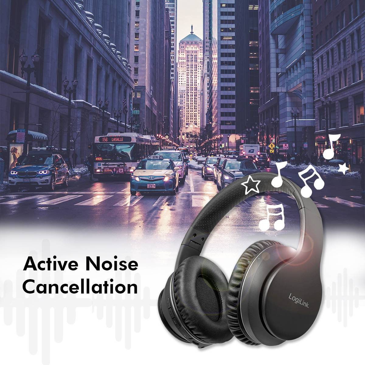 Koptelefoon met actieve ruisonderdrukking, achtergrond van een drukke stadsstraat. Tekst: 'Active Noise Cancellation'.