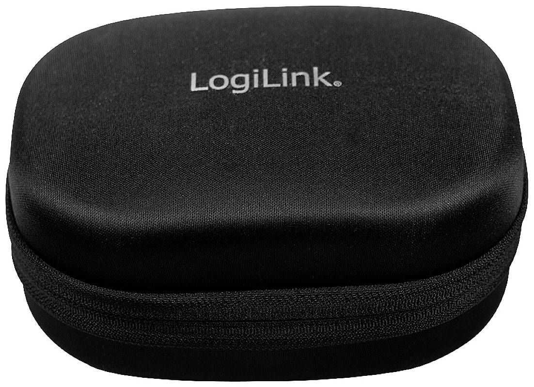 Zwart, ovaal etui met rits en de opdruk 'LogiLink' op de bovenkant.