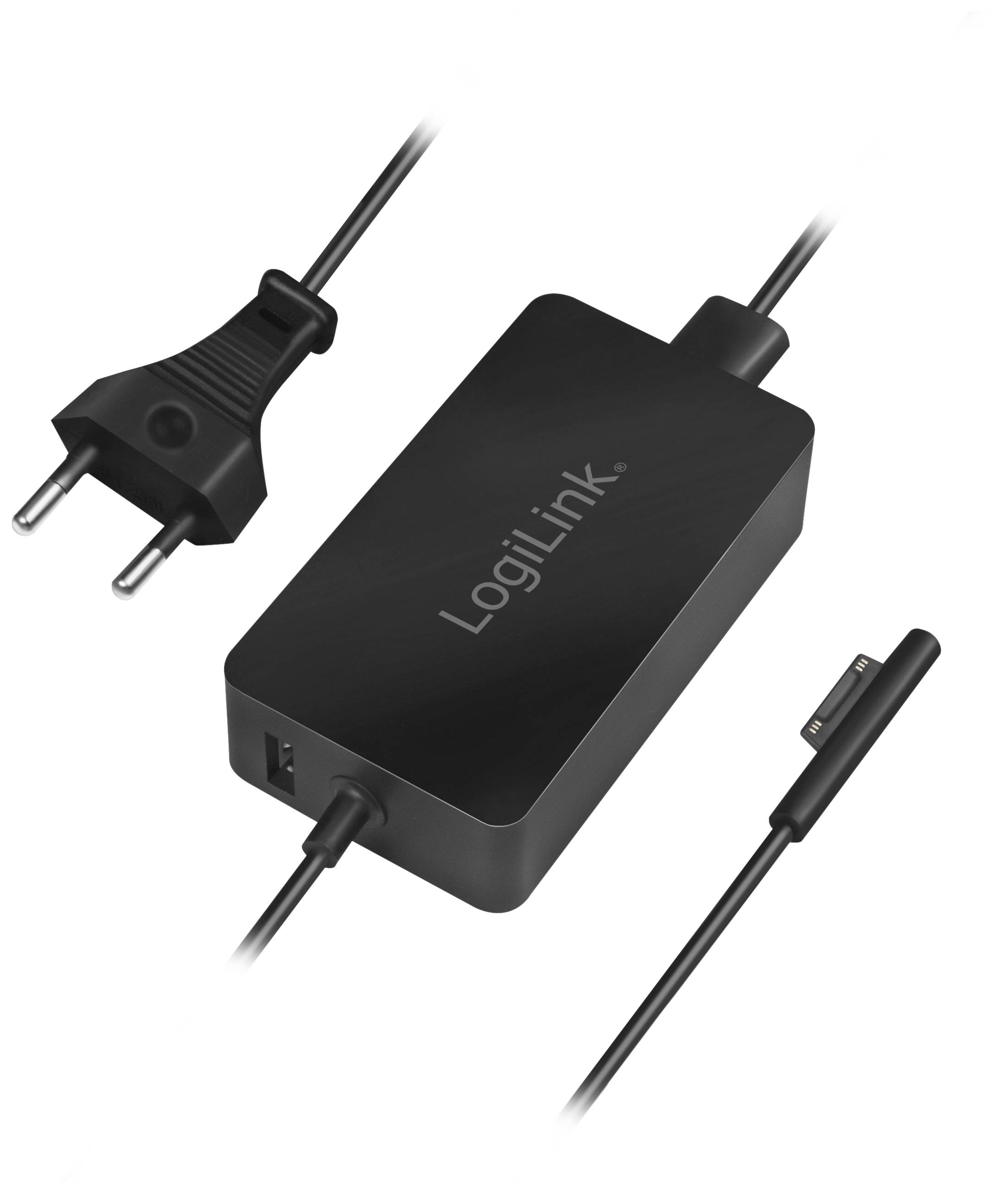 Zwart LogiLink-oplader met afneembaar netsnoer en rechthoekige uitgangsstekker.