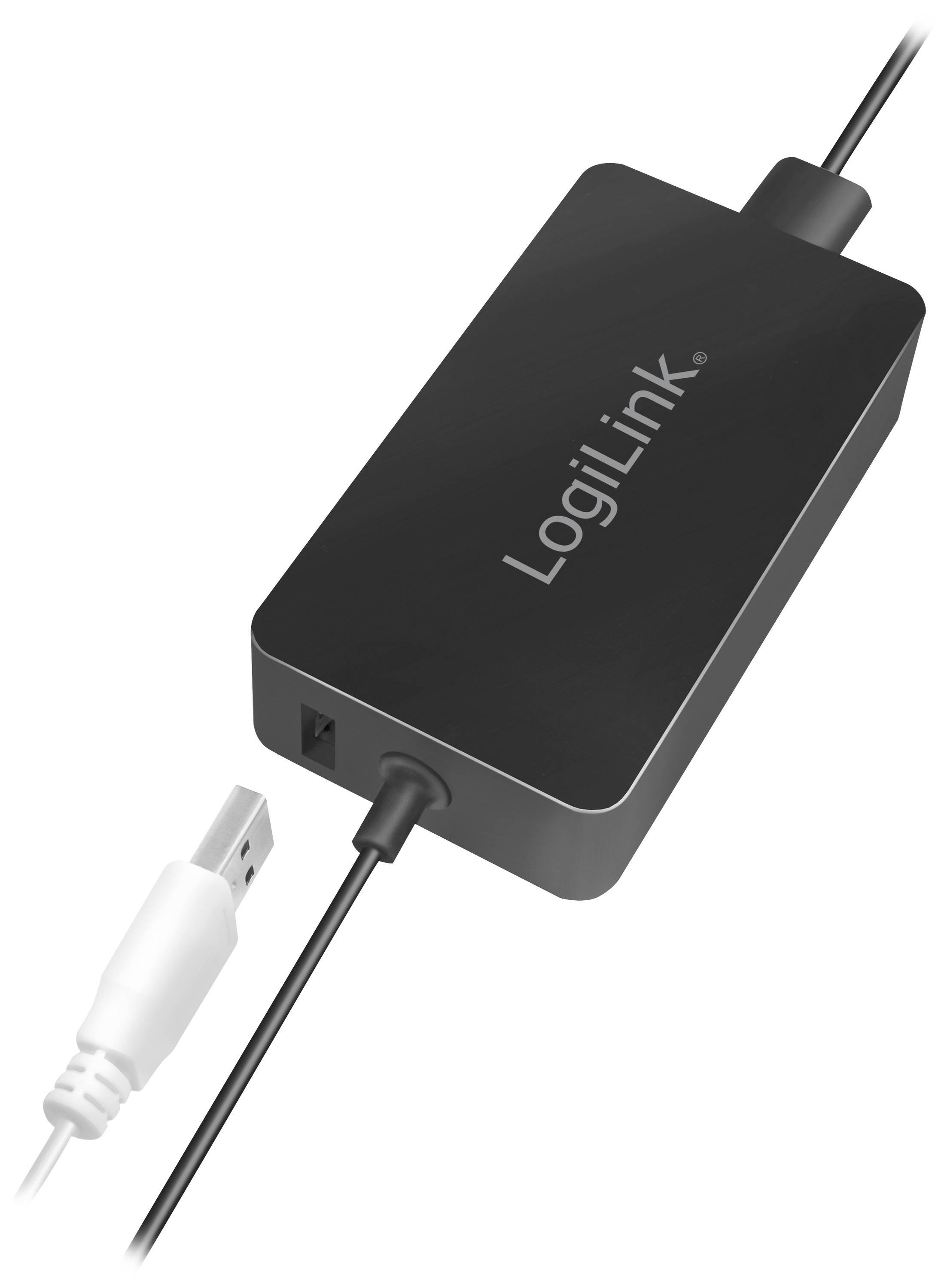 Zwart netsnoer van het merk LogiLink met USB-aansluitkabel.