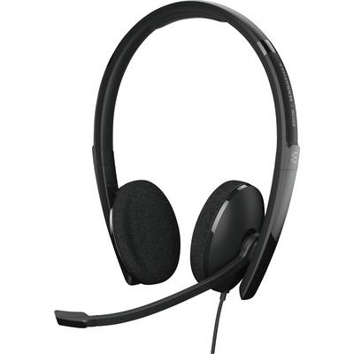 Zwart, bedraad headset met microfoonarm, geschikt voor computer- of telefoongebruik.