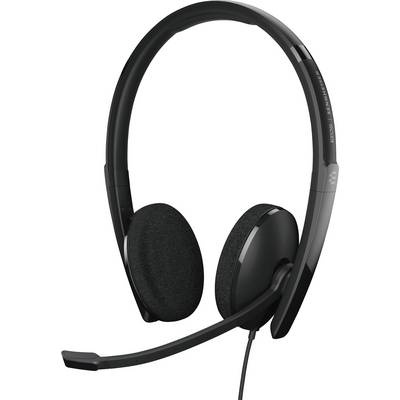 Zwart, bedraad headset met microfoon voor pc of telefoonoproepen. Geschikt voor gaming en communicatie.