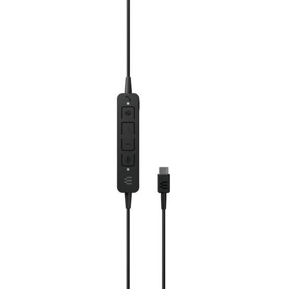 'Een zwarte kabel met een bedieningseenheid die volume- en microfoonbedieningen bevat, en een USB-C-aansluiteinde.'