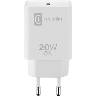 Een wit oplader met twee stekkers en de tekst 'cellularline 20W Power Delivery'.