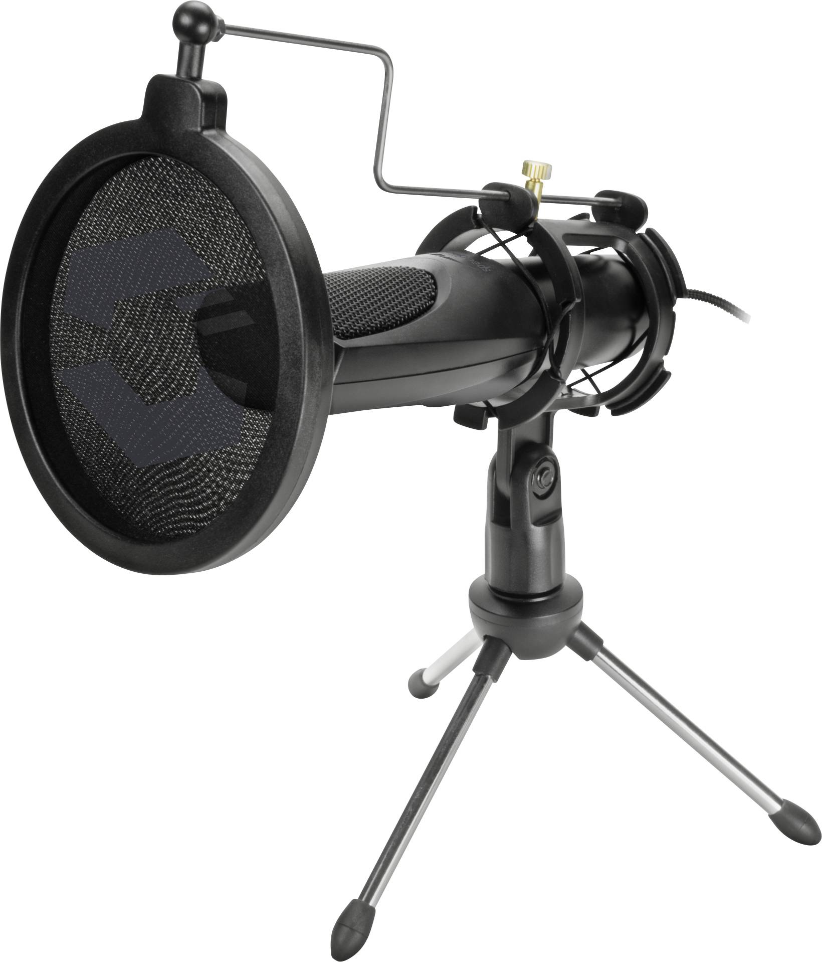 Een zwarte studiomicrofoon met popfilter en statief op drie poten, geschikt voor professionele audio-opnames of podcasts.