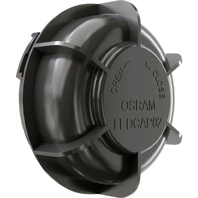 Zwarte rubberen deksel met het opschrift 'OSRAM LEDCAP 02'. Pijlen geven richtingen aan voor 'OPEN' en 'CLOSE'.