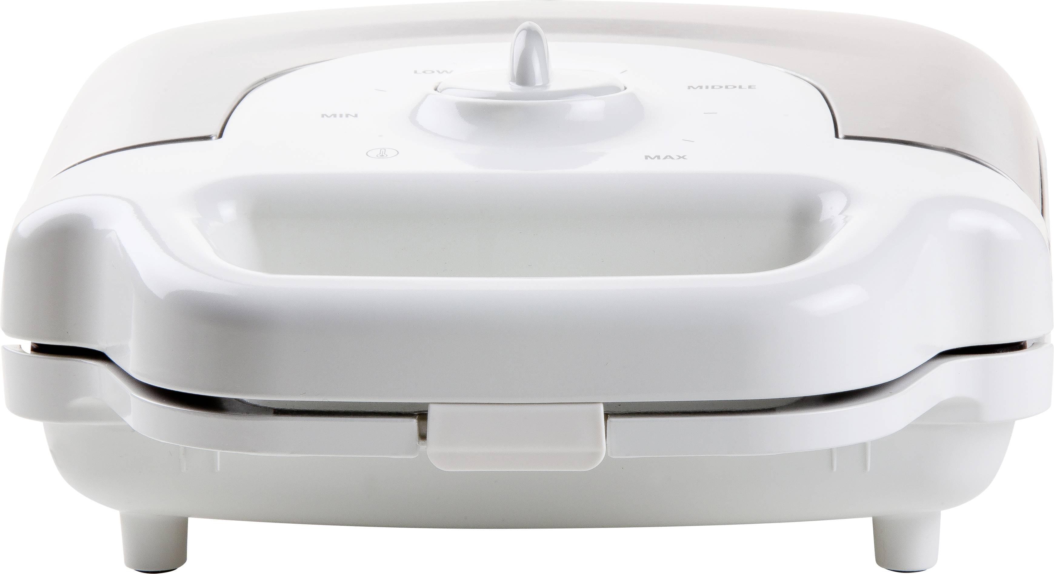 Een wit keukenmiddel met een temperatuurregelaar aan de bovenkant, geschikt voor het grillen of roosteren van voedsel.