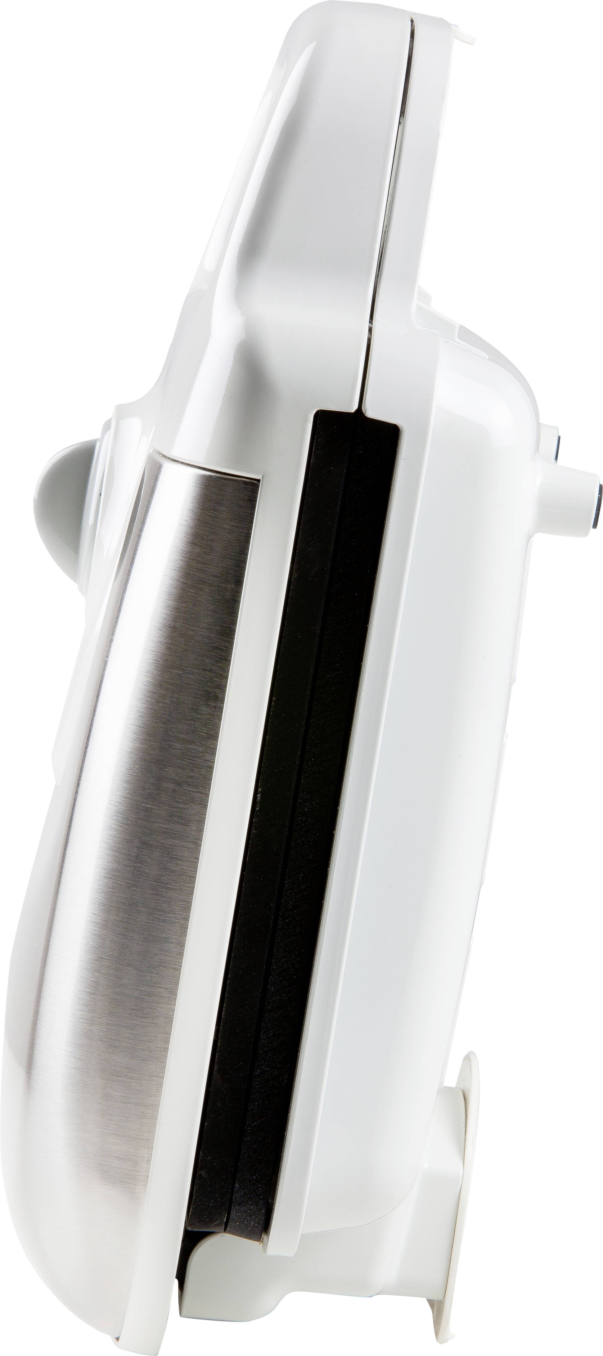 Witte elektrische keukenmachine in zijaanzicht met een glanzend metalen gedeelte.