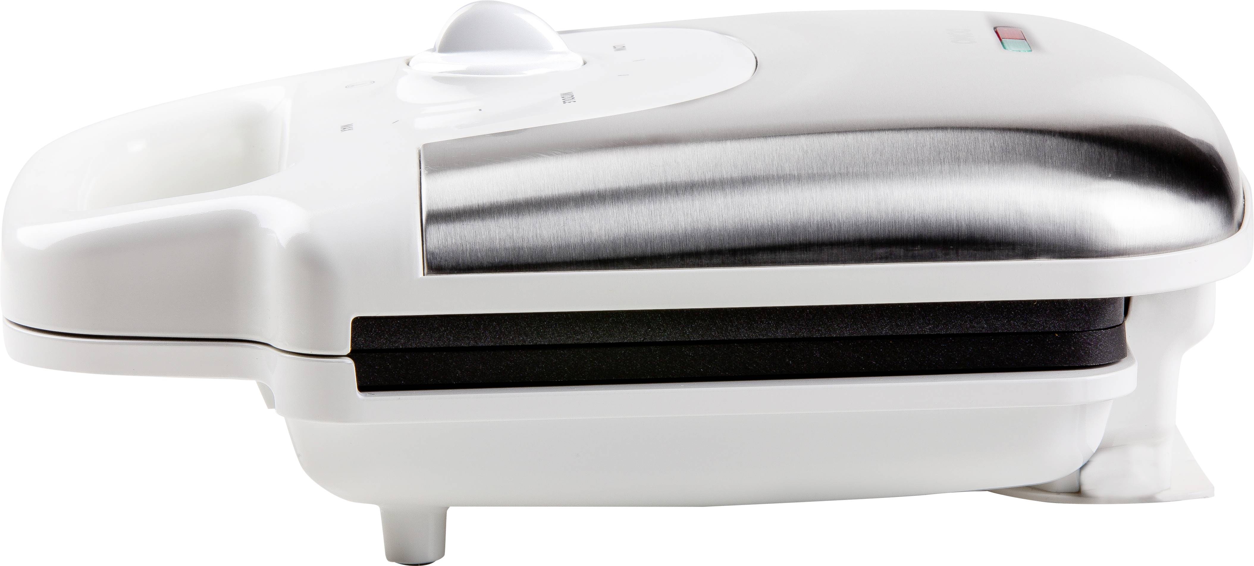 Een gesloten, wit tosti-apparaat met roestvrij stalen oppervlak, geschikt voor het bereiden van tosti's.