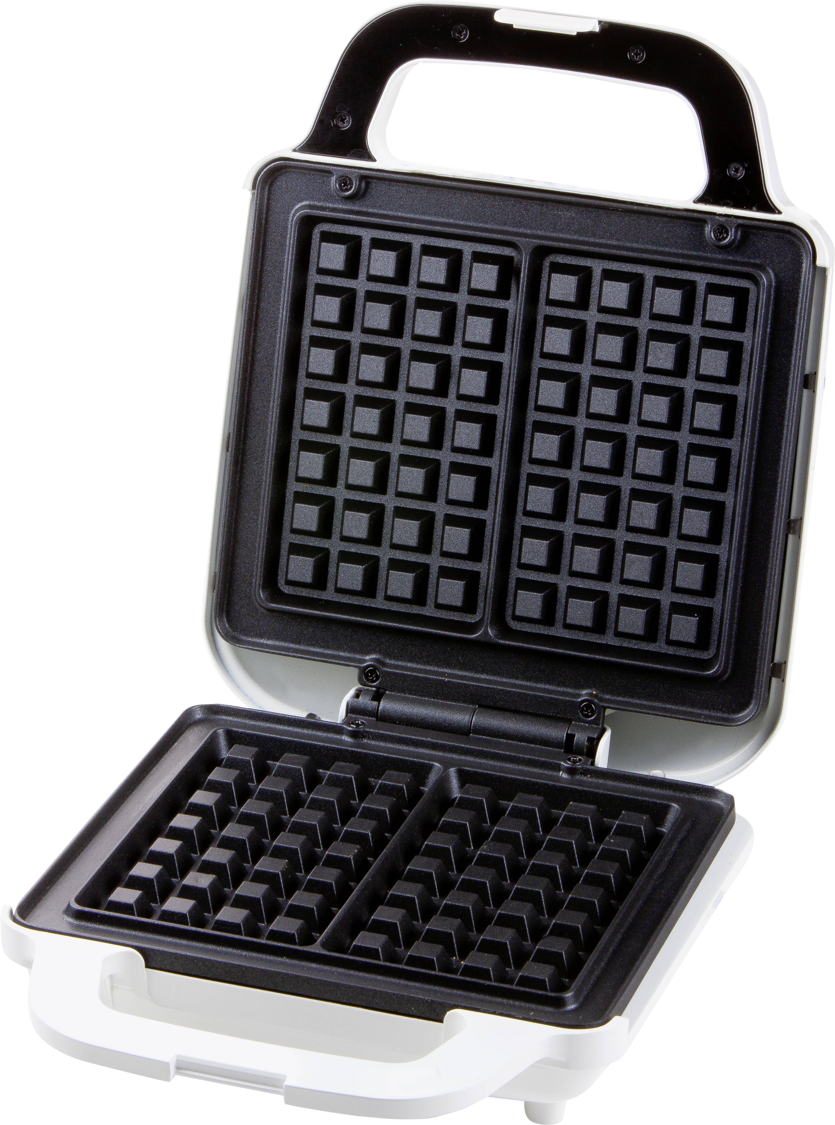 Een opengeklapt wafelijzer met twee wafelijzers. Het is schoon en klaar om wafels te bereiden.
