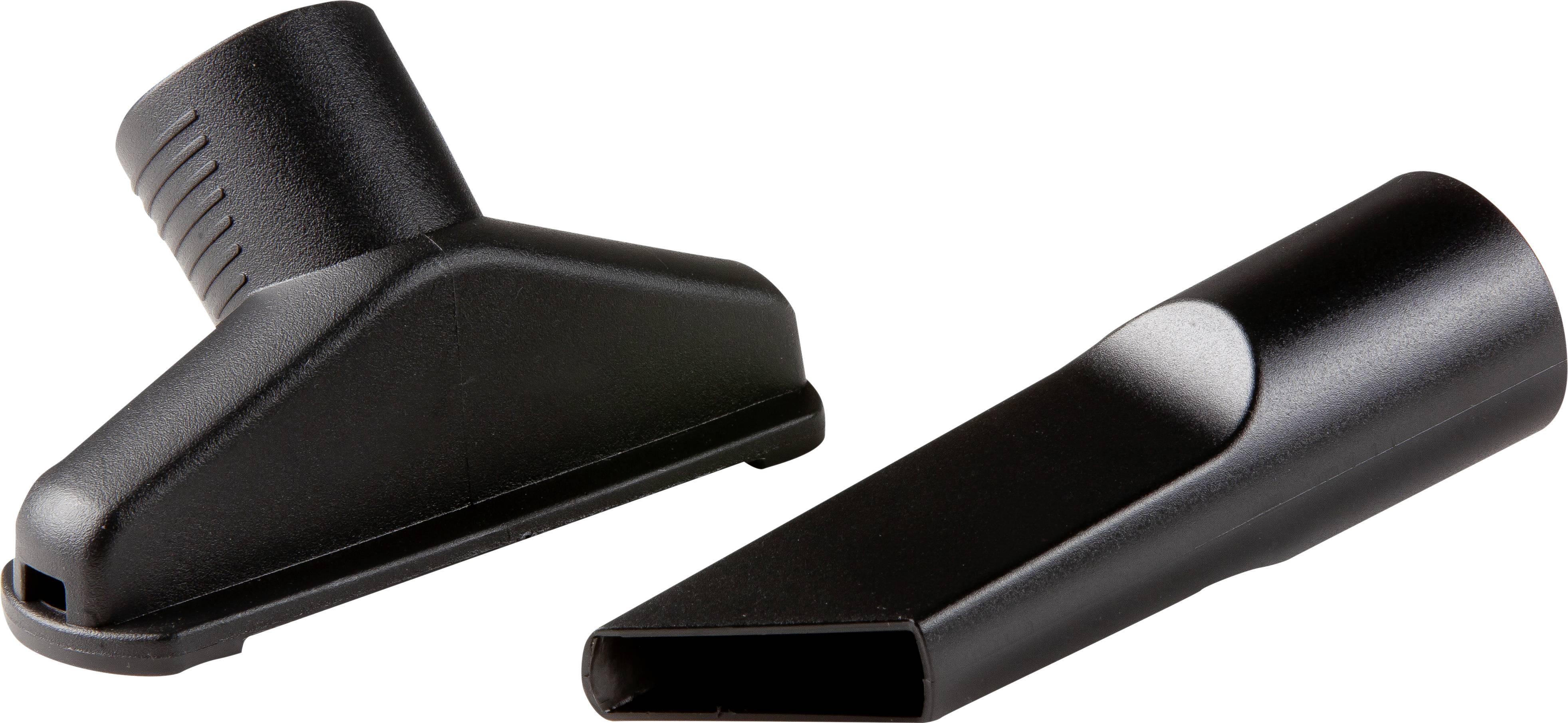 Twee zwarte stofzuigermondstukken: links een stofborstel, rechts een spleetmondstuk, beide geschikt voor verschillende reinigingsdoeleinden.