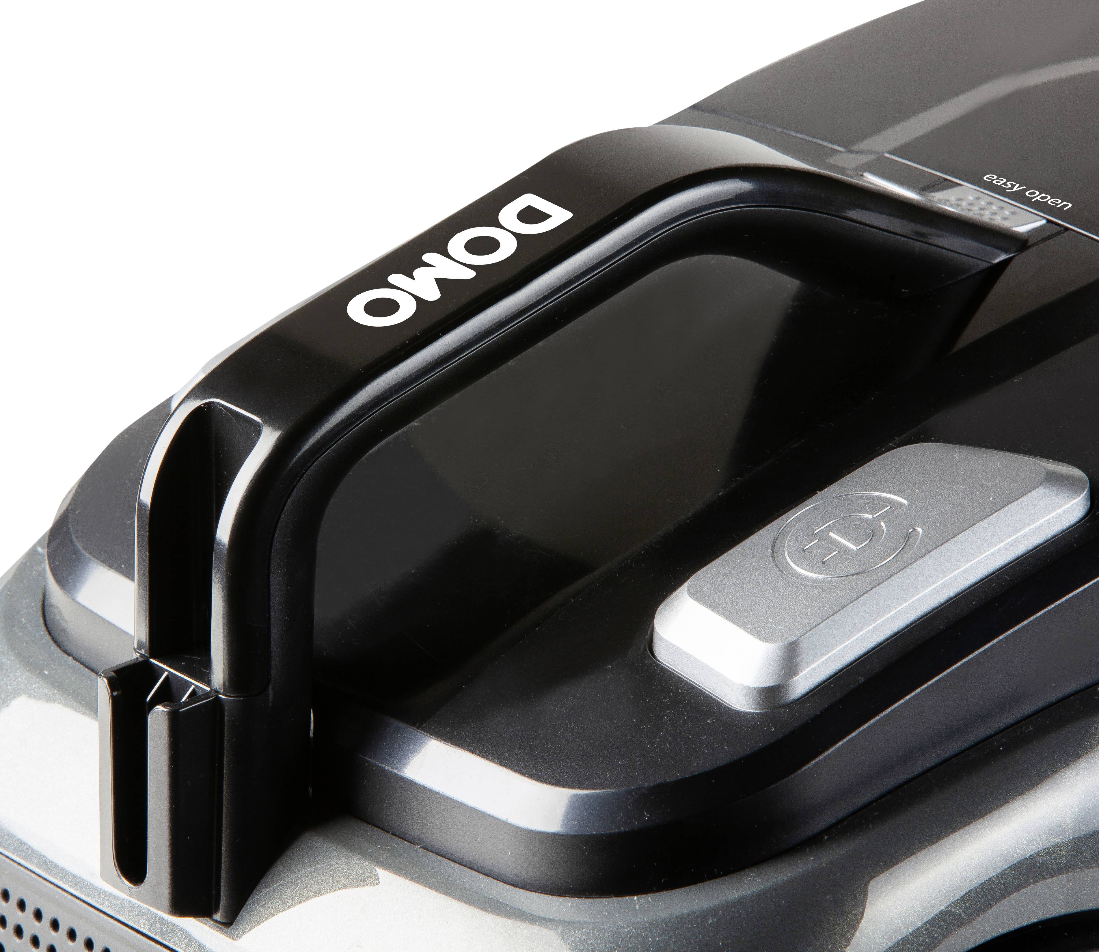 Stofzuigerzuiggreep met 'Domo' logo, zwarte kleur, ergonomisch ontwerp, close-up.