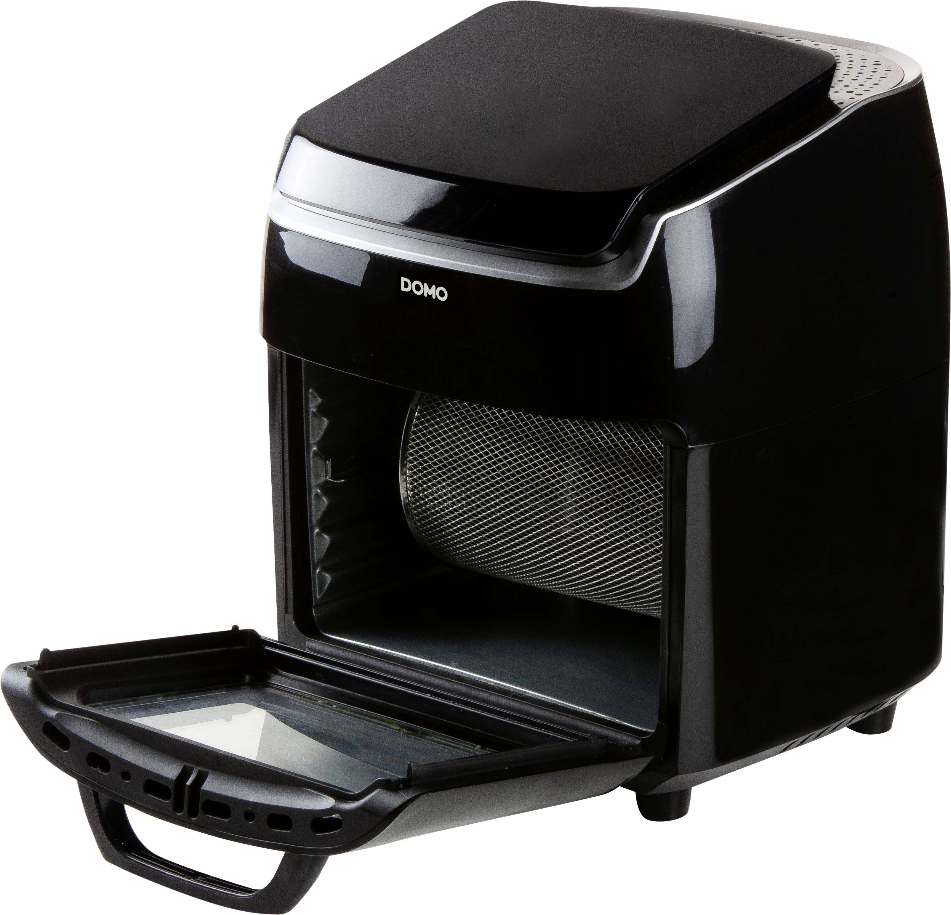 Een zwarte, geopende stoomoven met een kijkvenster en een bedieningsknop.