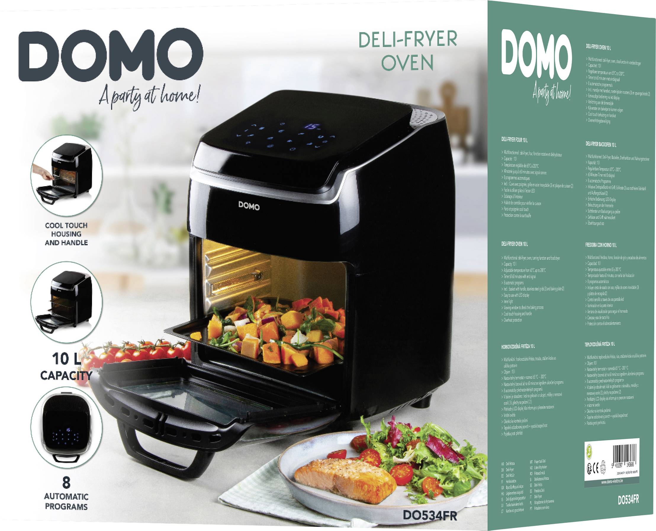 'DOMO Deli-Fryer Oven' met 10 liter capaciteit, zwarte behuizing. Bevat 8 programma's en cool touch oppervlak. Groente wordt gefrituurd.
