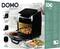 'DOMO Deli-Fryer Oven' met 10 liter capaciteit, zwarte behuizing. Bevat 8 programma's en cool touch oppervlak. Groente wordt gefrituurd.