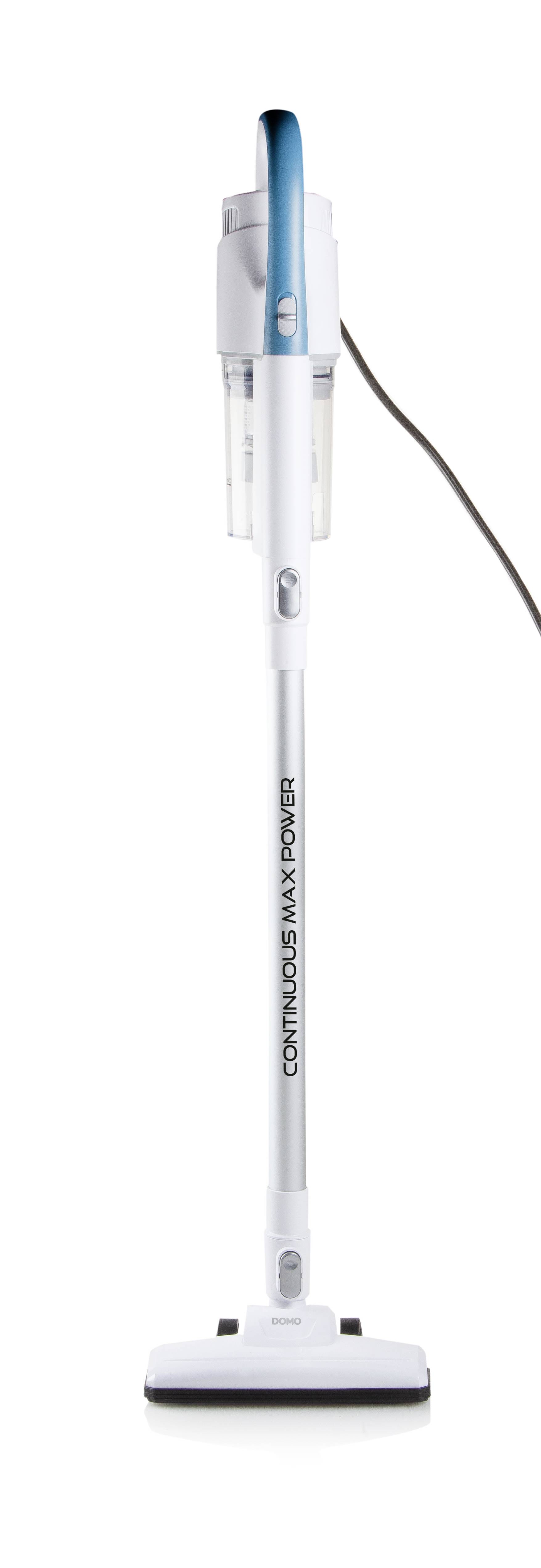 Een witte en blauwe stofzuiger met de tekst 'CONTINUOUS MAX POWER' staat rechtop.