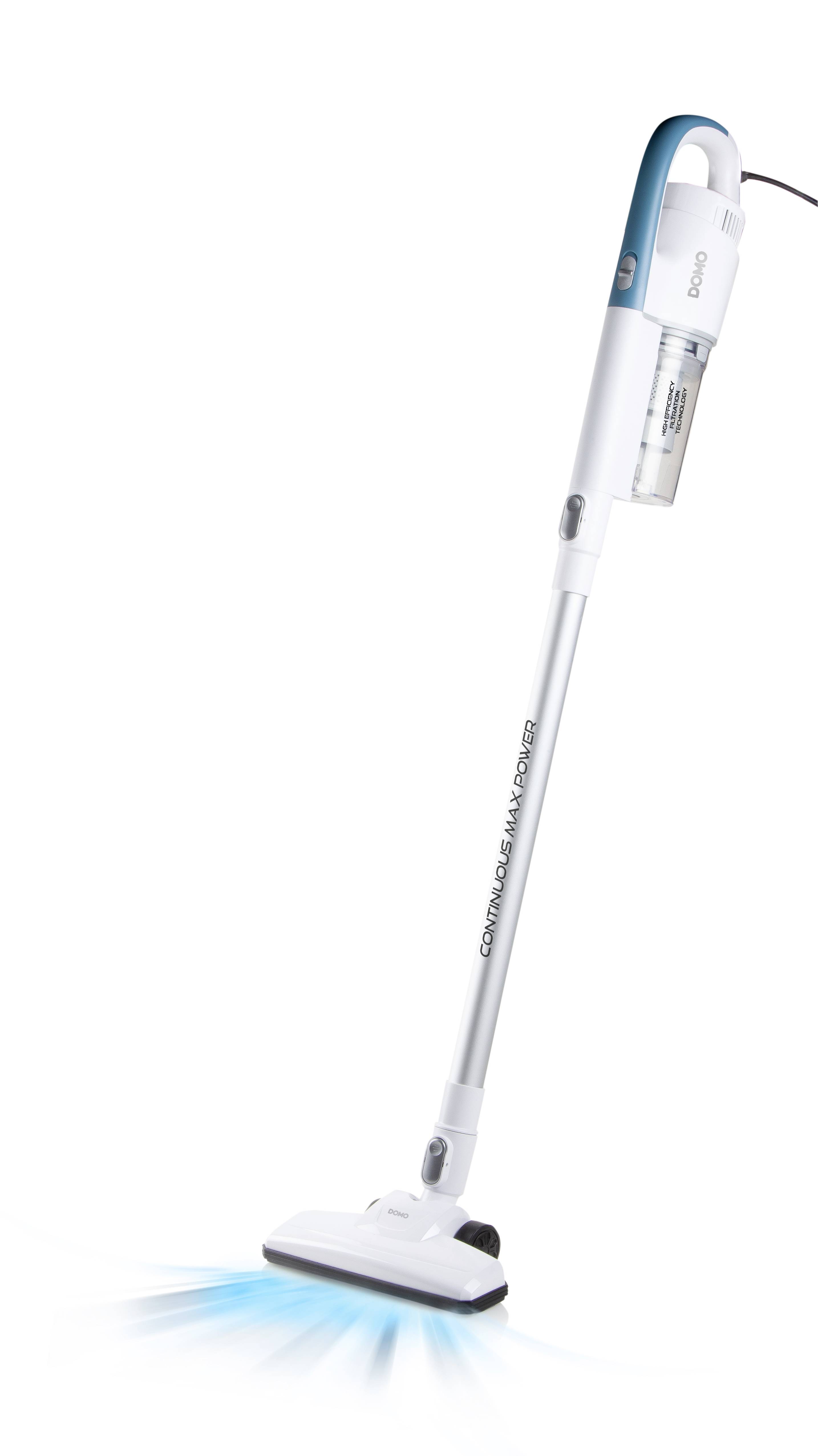 Een witte draadloze stofzuiger in een schuine positie, waarvan een blauwe lichtstraal op de vloer schijnt.