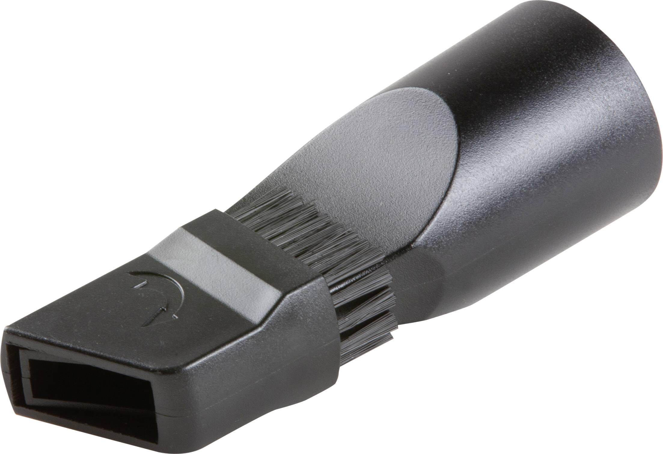 Een zwarte stofzuiger-opzetstuk met borstels. Ideaal voor het reinigen van naden en moeilijk bereikbare plekken.