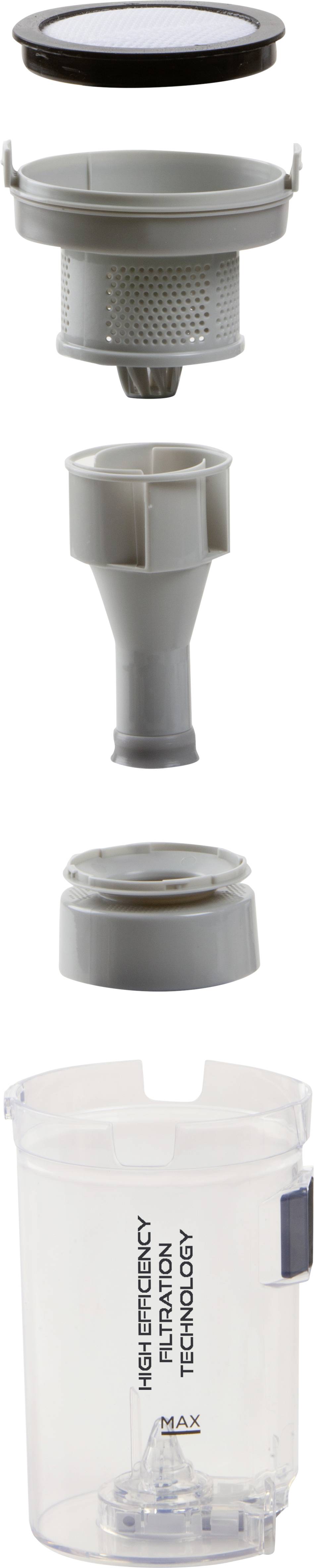 Ontploffingstekening van een waterfilter met meerdere demonteerbare onderdelen: deksel, zeef, filterpatroon, afdichtingsring en container.