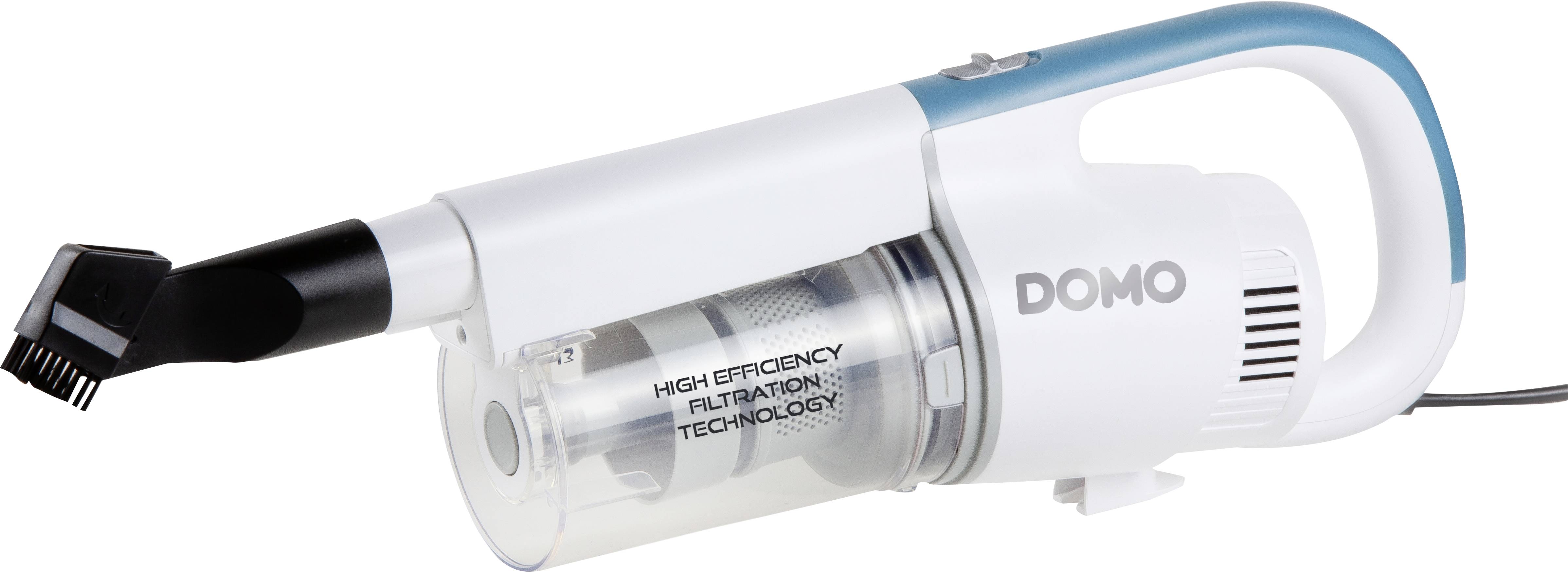 'Witte handstofzuiger met blauwe handgreepbedekking, transparante stofcontainer, aan de zijkant voorzien van de tekst "High Efficiency Filtration Technology".'