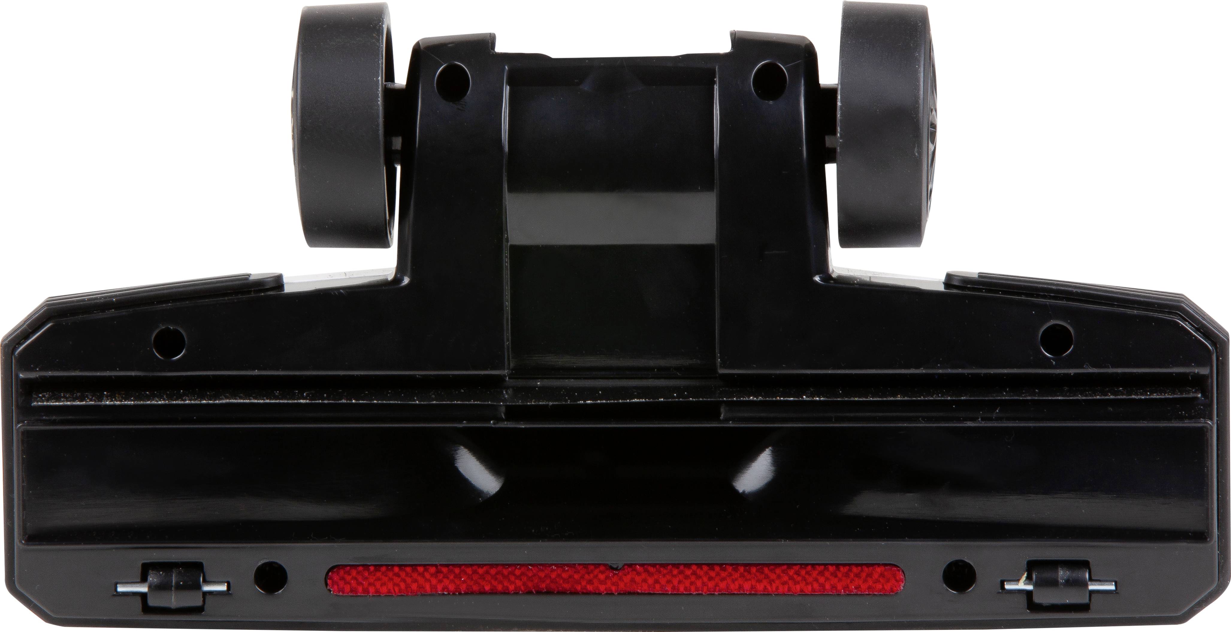 Een zwarte stofzuigervloermond met wieltjes en een rode streep aan de onderkant, geschikt voor verschillende vloertypen.