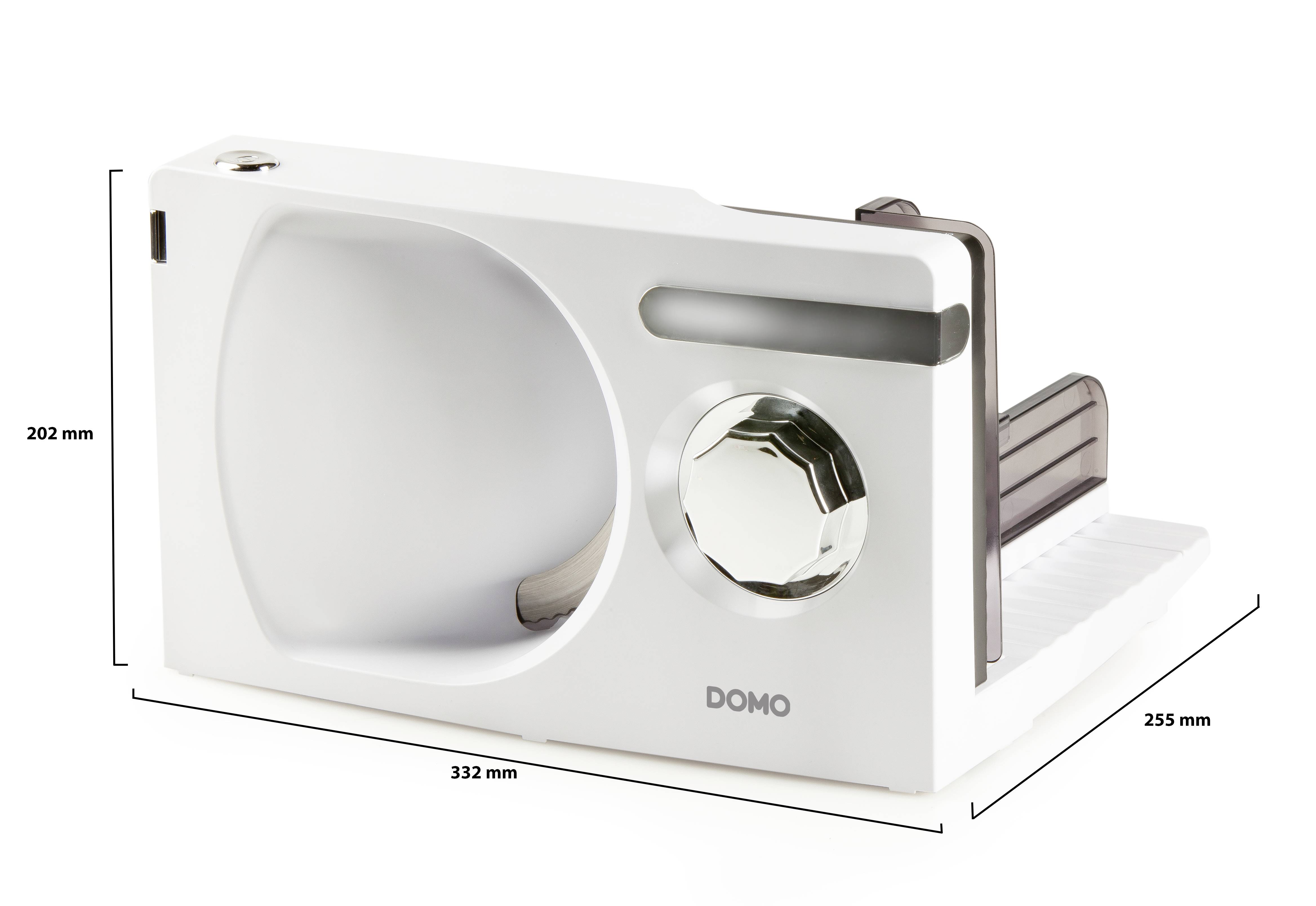 Een witte elektrische multifunctionele snijmachine van het merk DOMO met afmetingen: 202 mm H, 332 mm B, 255 mm D. De snijzone wordt getoond.