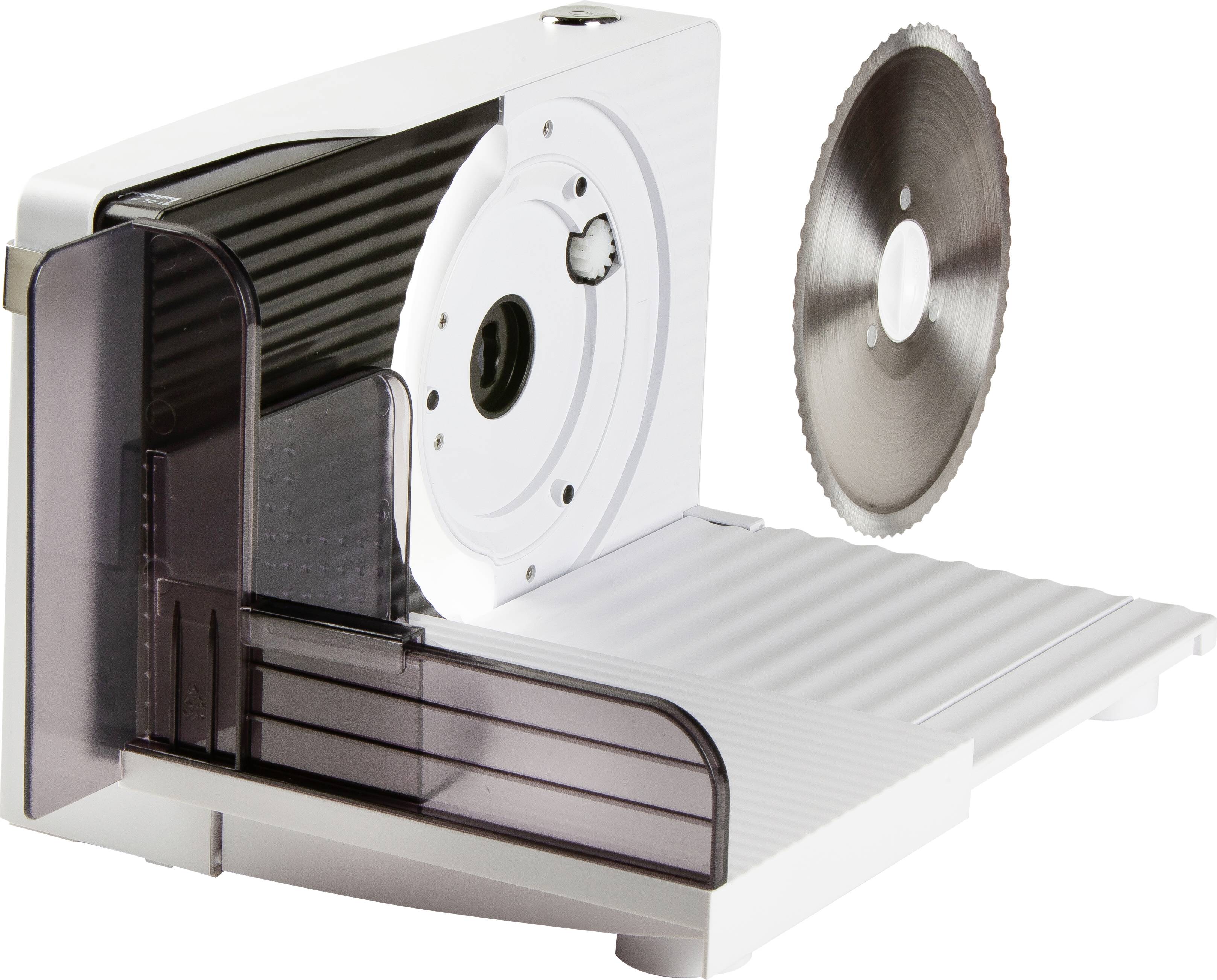 Een elektrische allessnijder met uitneembare, getande roestvrij stalen schijf, geschikt voor precies snijden van brood, kaas en worst.