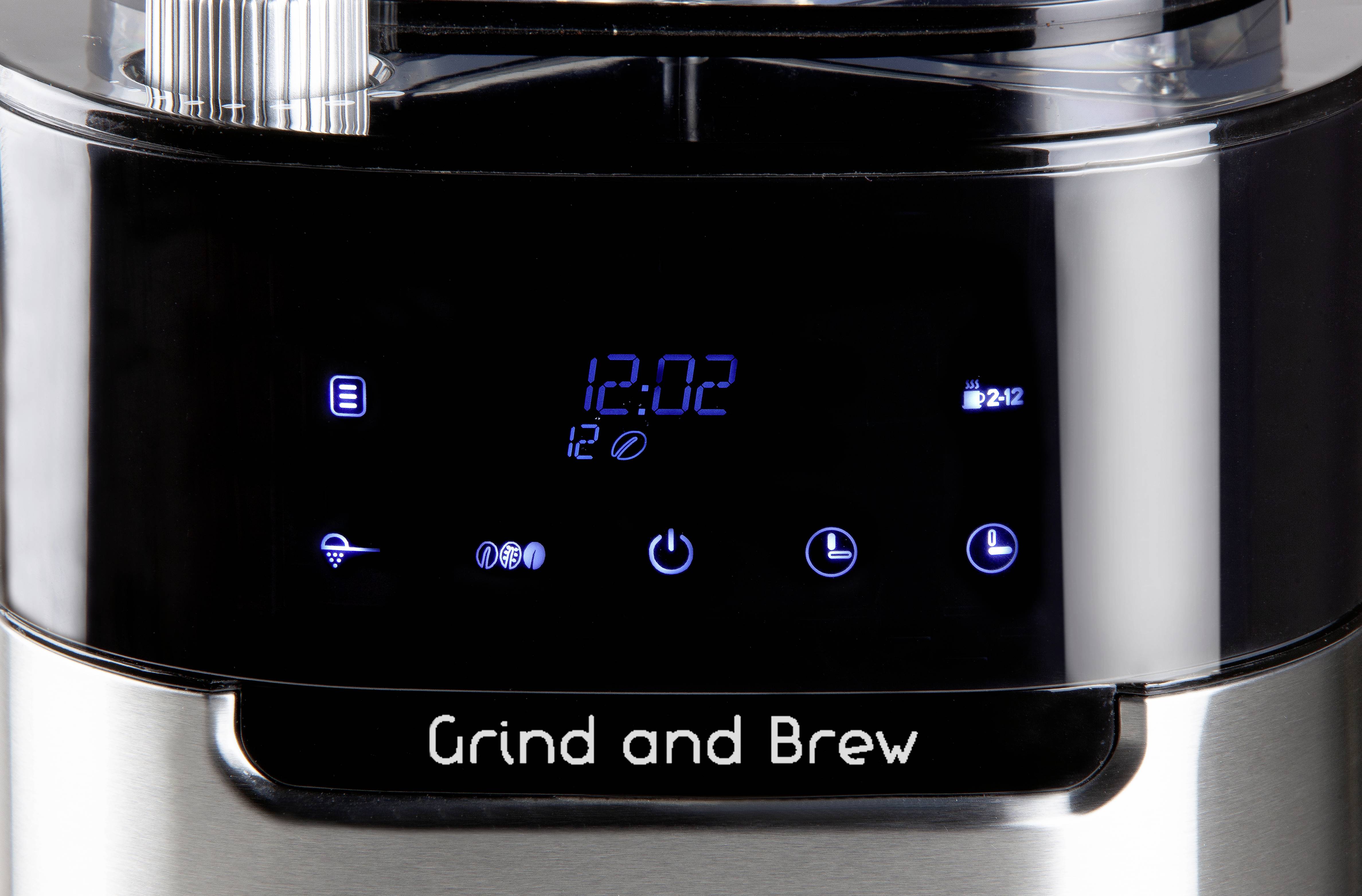 Koffiemachine met digitaal display toont '12:02', toetsen voor maalgraad, brouwmodus en timer. Opschrift 'Malen en Brouwen'.