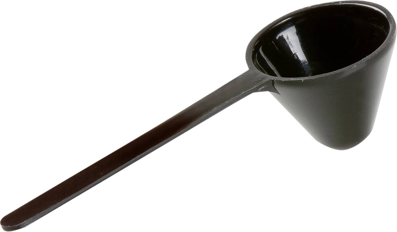 Zwarte plastic lepel met lange steel en maatcapaciteit. Ideaal voor nauwkeurig doseren van poeders of vloeistoffen.