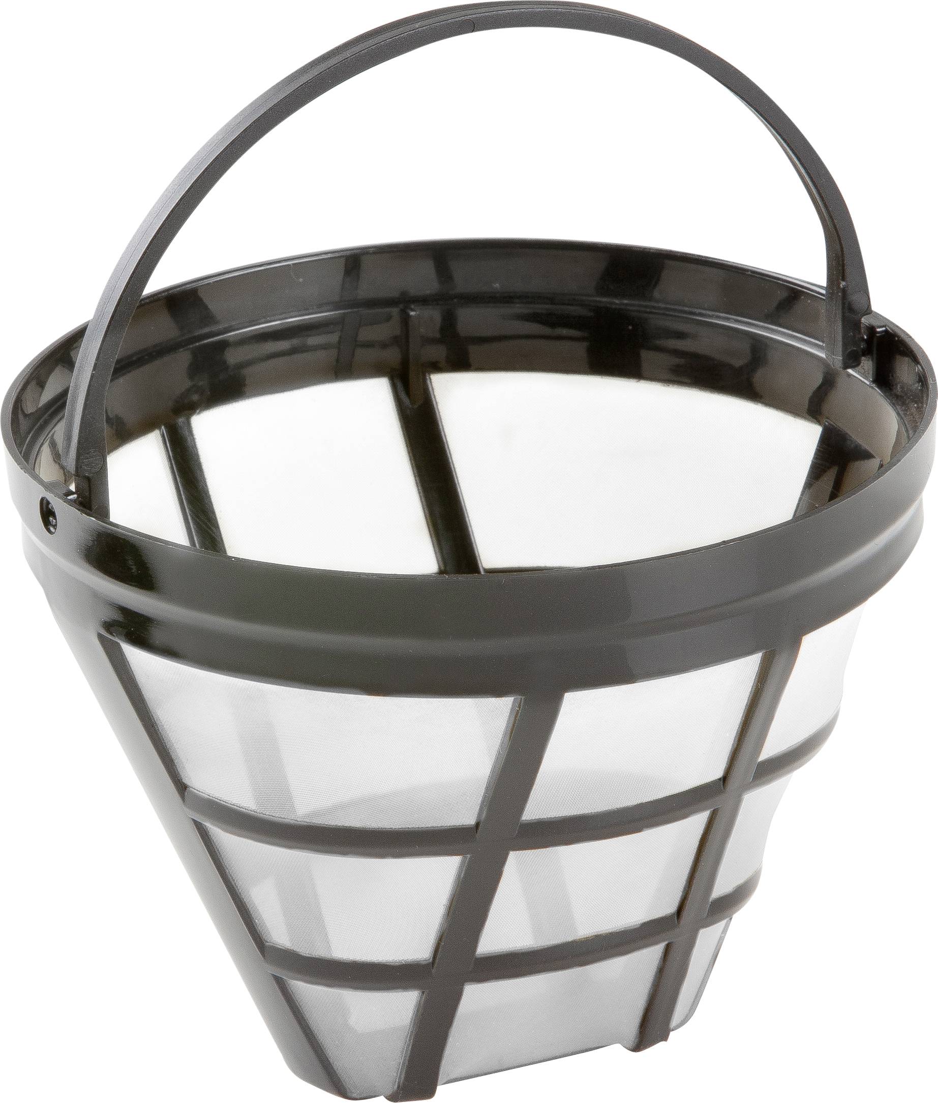 Een transparante, conisch gevormde koffiefilter met een zwarte rand en handvat; geschikt voor hergebruik bij het bereiden van koffie.