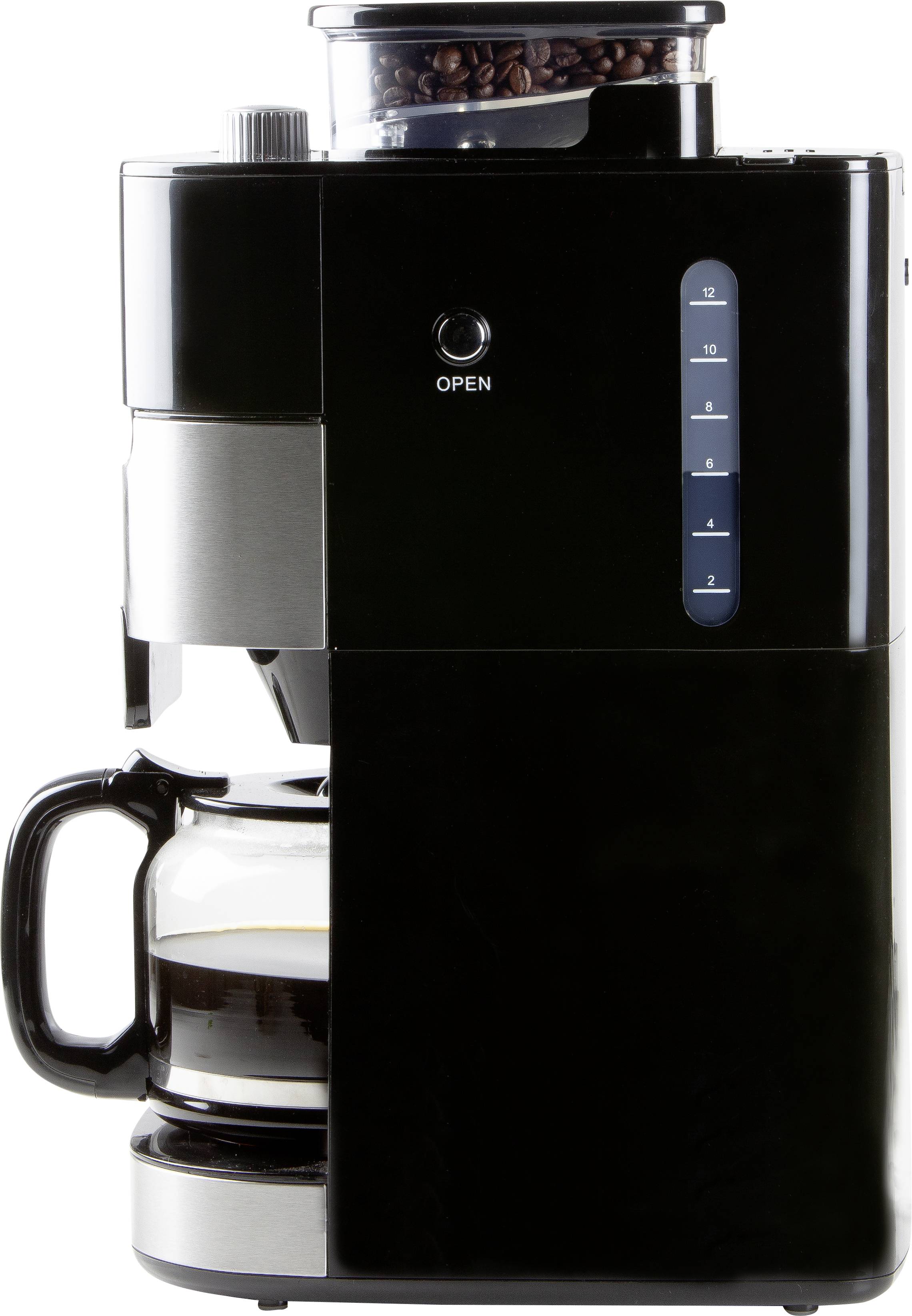 Een zwarte koffiemachine met geïntegreerde bonenbak en kan, zijdelings weergegeven.