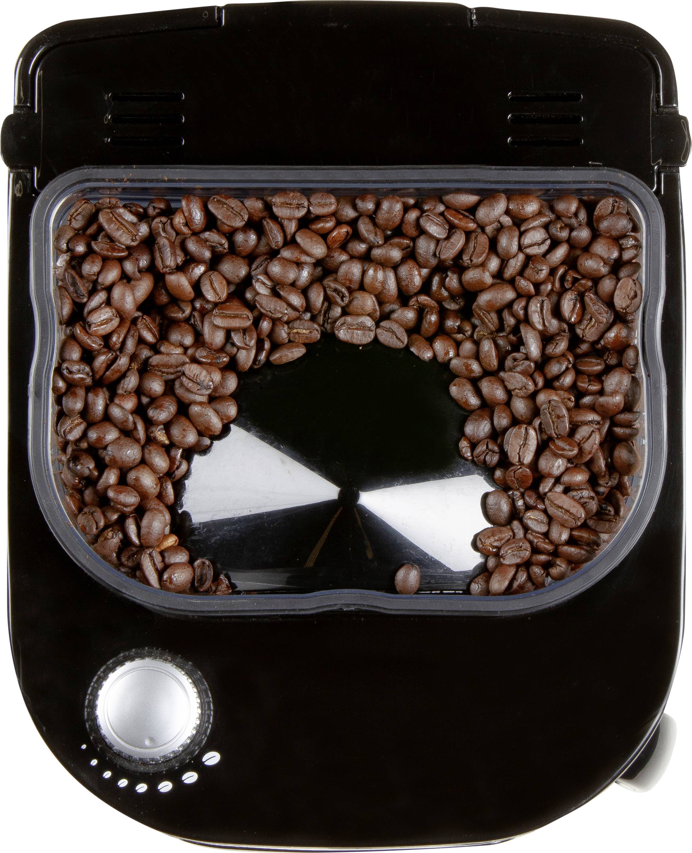 Koffiebonen in een ronde transparante container op een zwart keukenovertafel, vermoedelijk een koffiemolen.