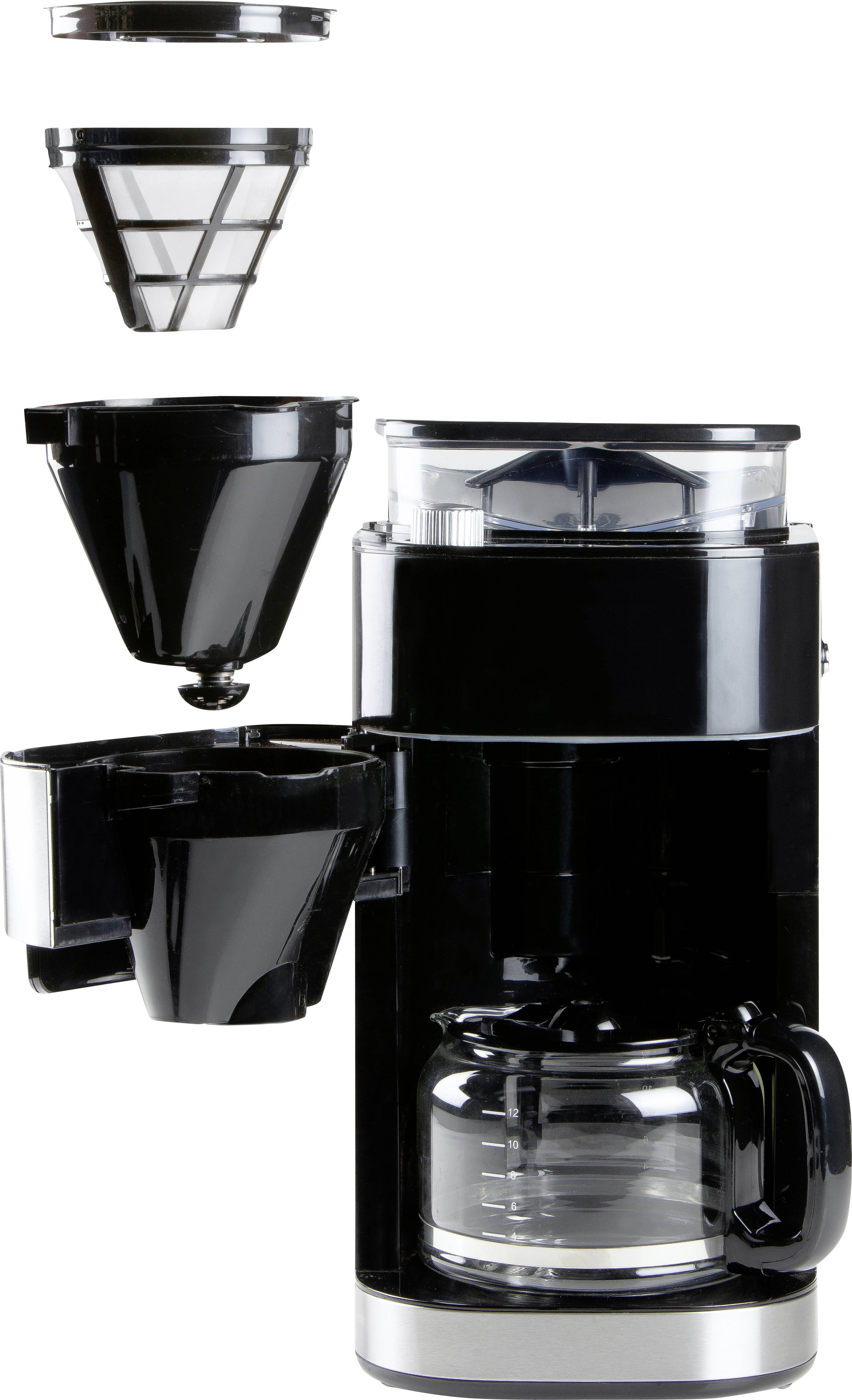 Een koffiemachine met een uitneembaar filter, brouwunit en glazen kan, die allemaal bovenop de machine zijn gestapeld.