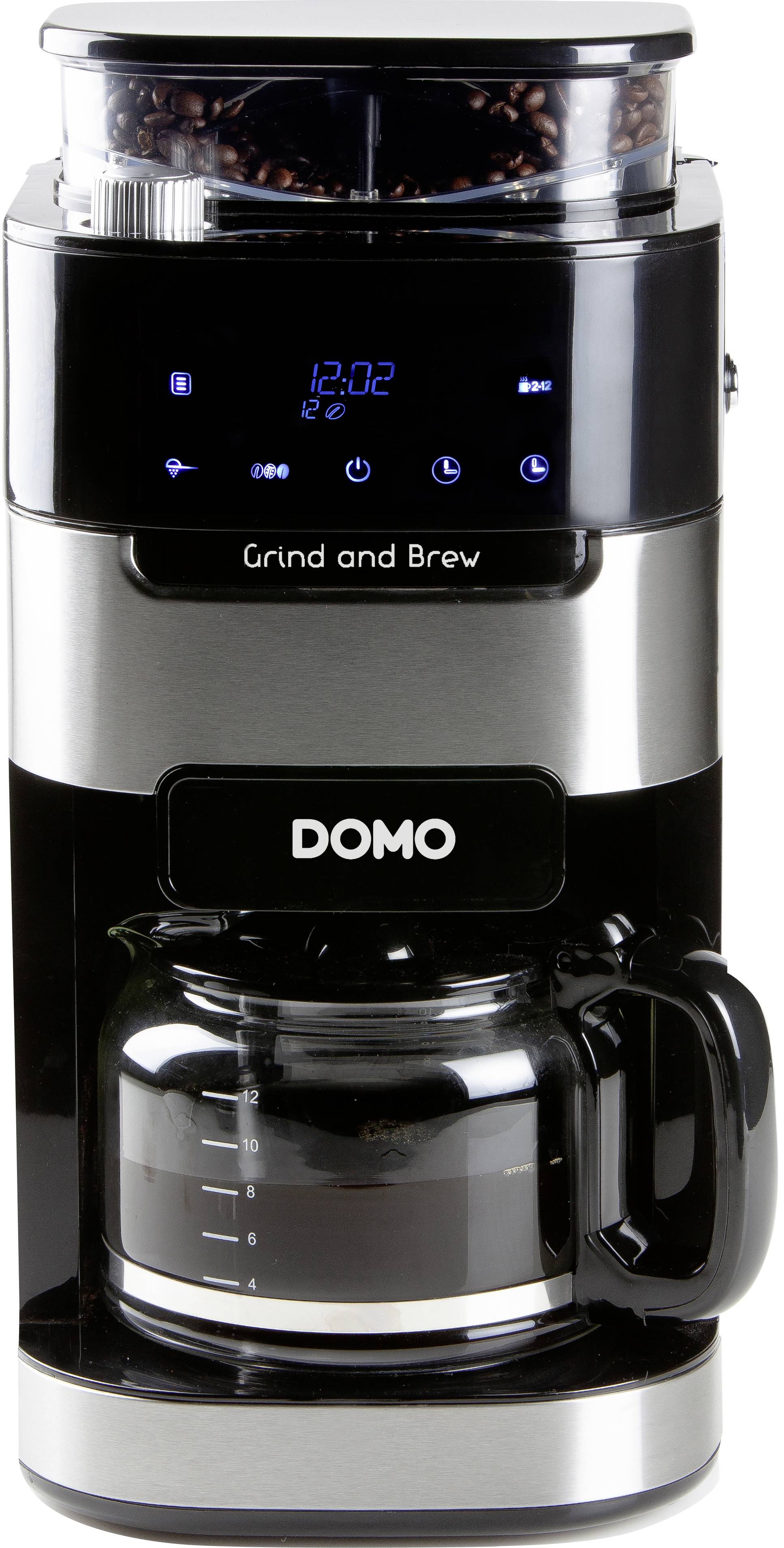 Koffiemachine met geïntegreerde koffiemolen, digitaal display en glazen kan. Merknaam zichtbaar aan de voorkant.