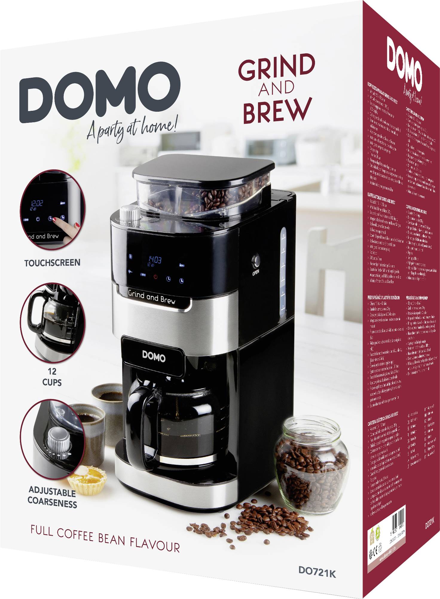 Koffiemachine met touchscreen-bedieningspaneel. Produceert 12 kopjes van vers gemalen bonen. Opschriften: 'Grind and Brew' en 'DOMO'.