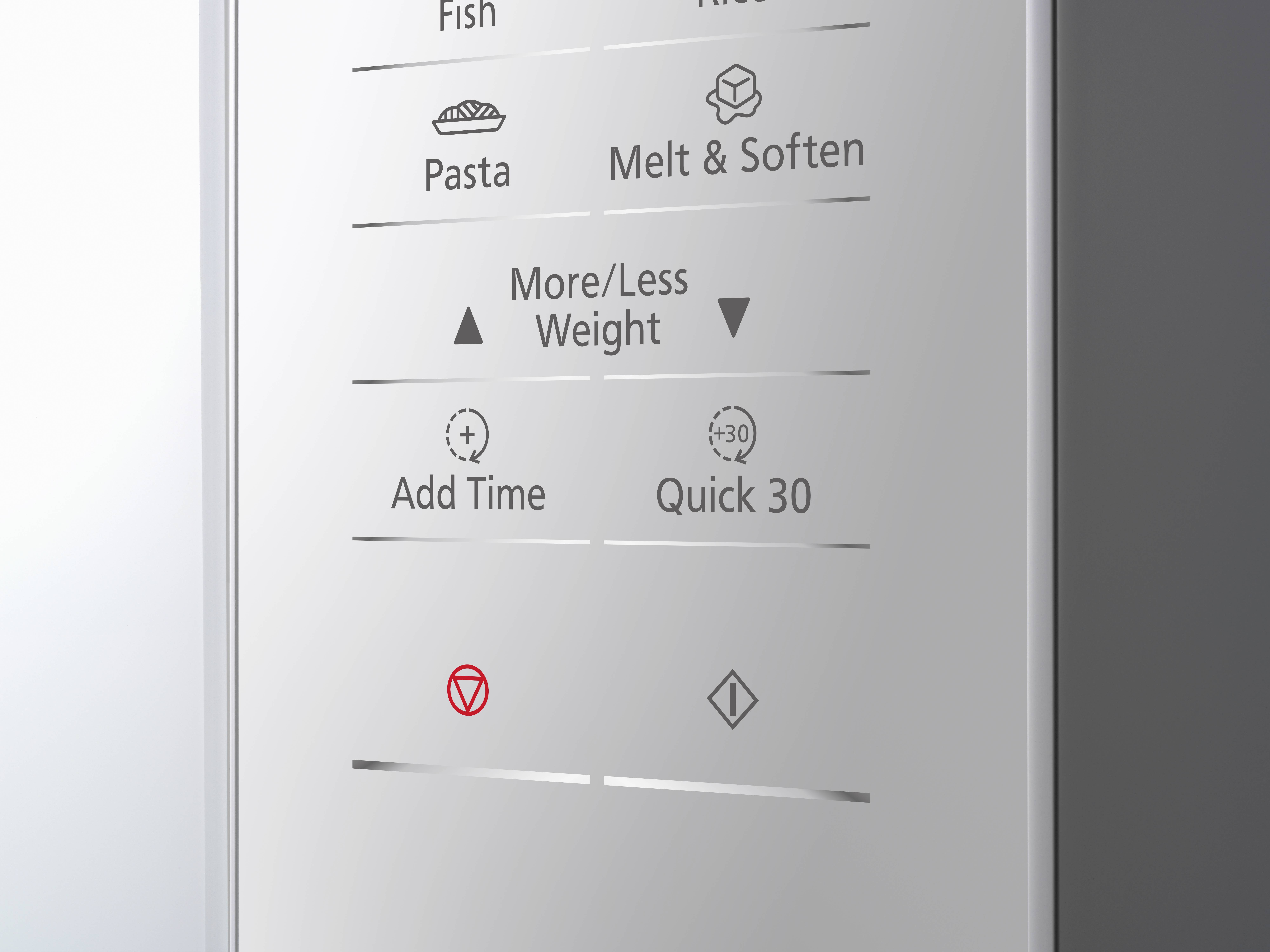 Bedieningspaneel van een magnetron met opties zoals Vis, Pasta, Ontdooien, Gewichtsinstelling, Tijd toevoegen en Snel 30.