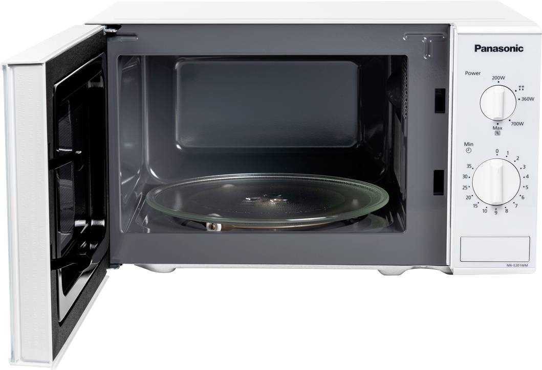 Magnetron van voren met open deur, toont draaiplateau en bedieningspaneel rechts met draaiknoppen voor vermogen en tijd.