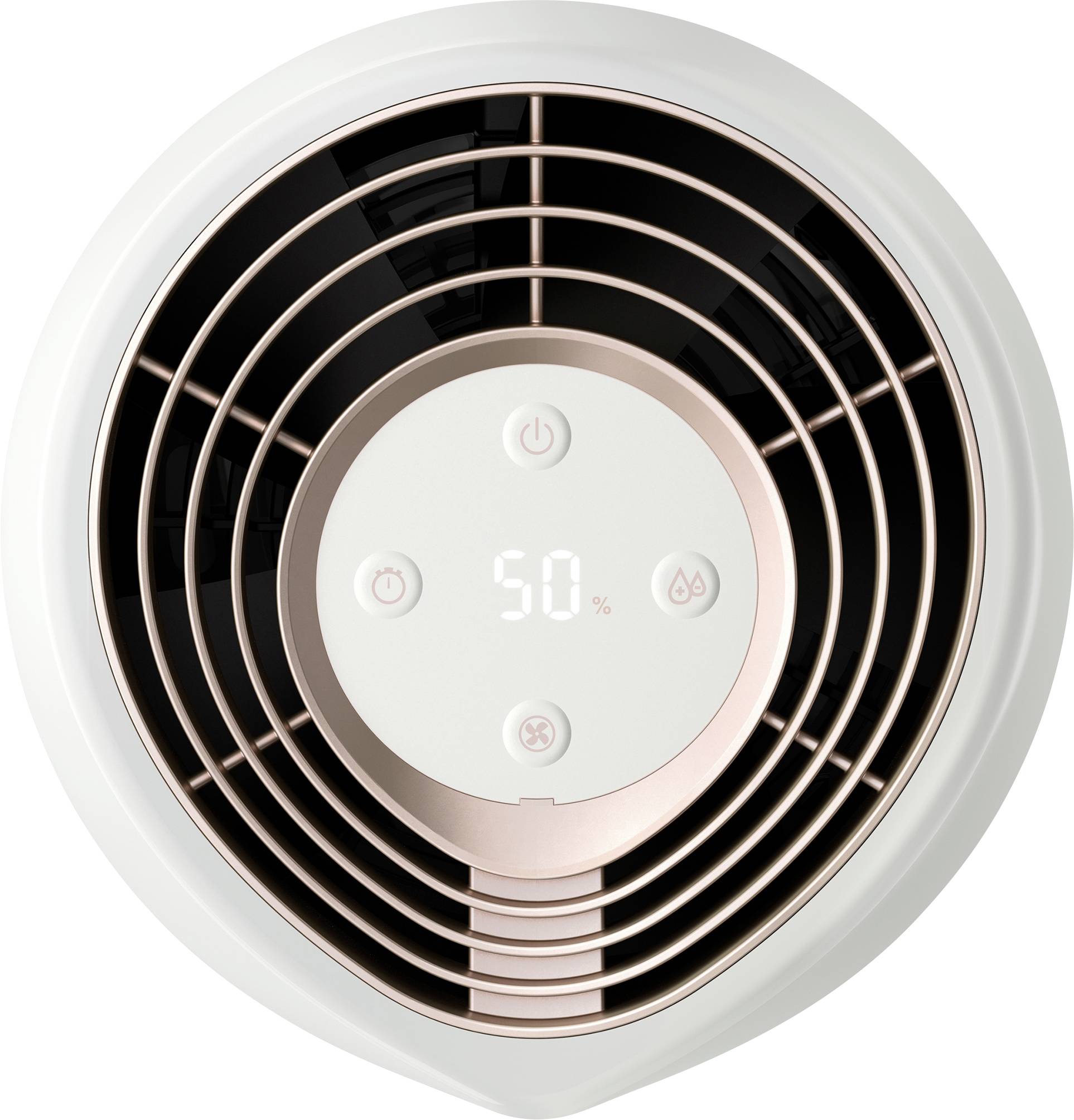 Luchtbevochtiger met een ronde vorm en een digitaal display dat '50%' aangeeft. Omgeven door ventilatiesleuven en bedieningsknoppen.