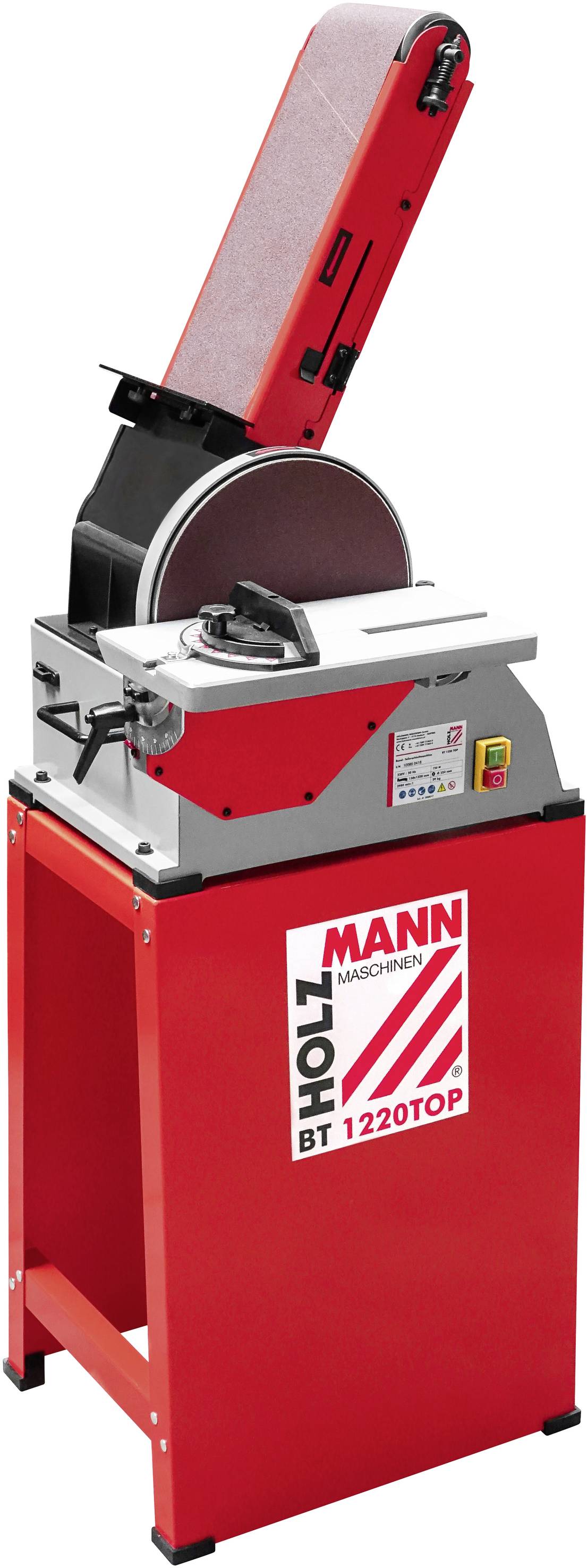 Slijpmachine op rood frame met schuurband en slijpschijf, geschikt voor precisie houtbewerkingen in een werkplaatsomgeving.
