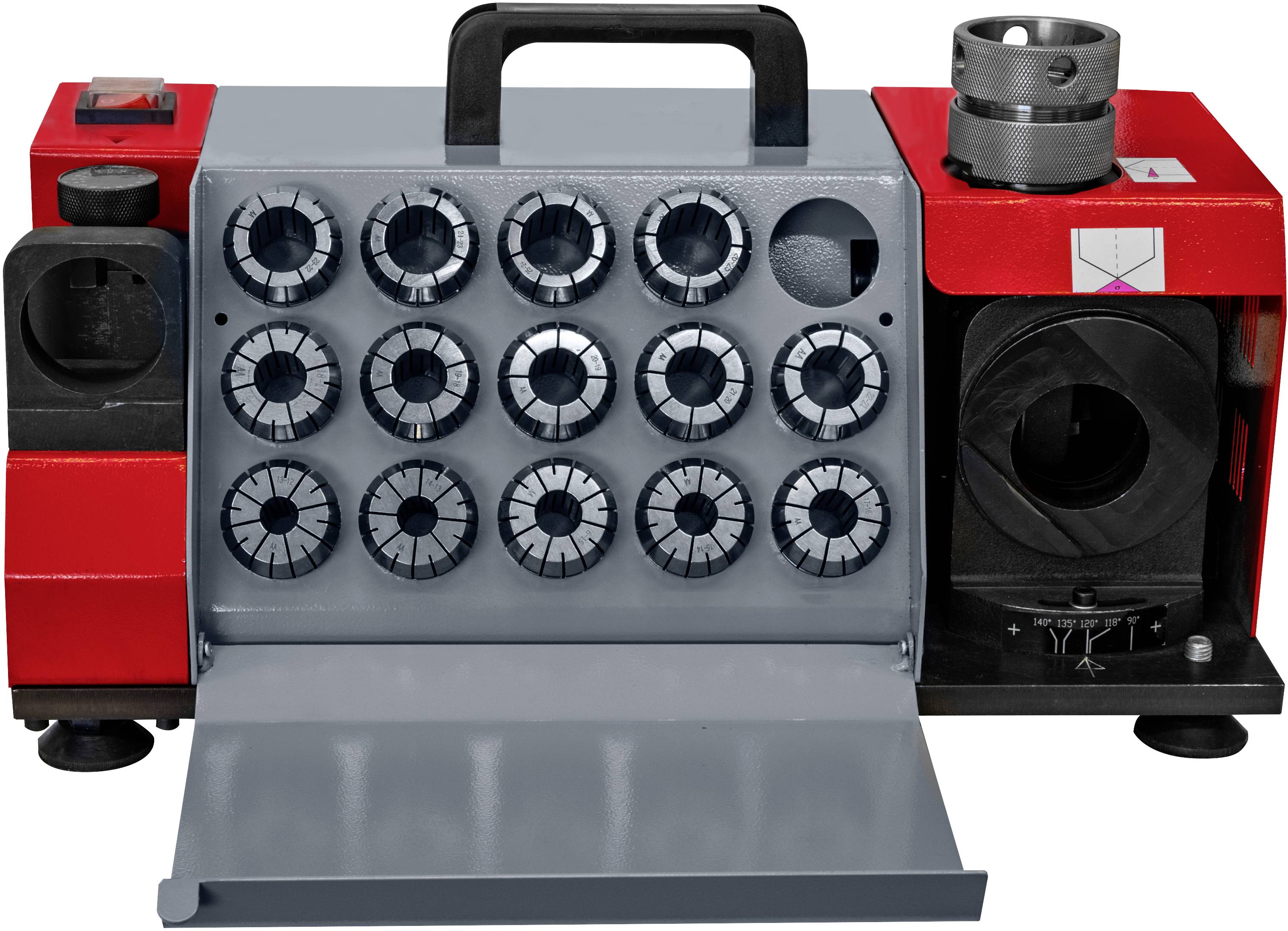 Een rode freesmachine met meerdere inzetstukken en bedieningsknoppen. Geschikt voor het precisievrijfrezen van kleine onderdelen.