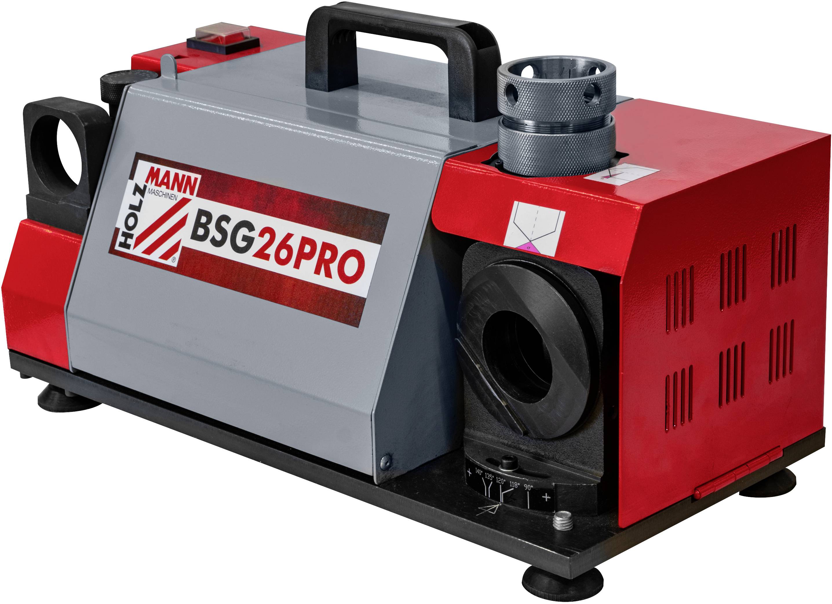 'Rode en grijze machine met het opschrift BSG 26 PRO. Hij heeft een handgreep bovenaan en een opening aan de rechterkant.'