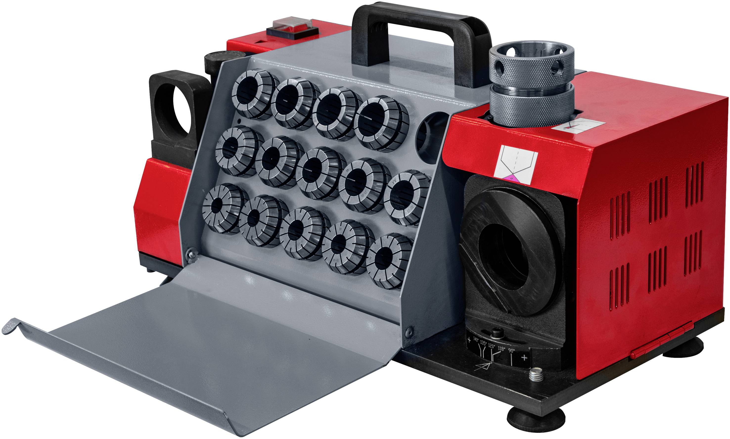 Een rode, draagbare boorslijpmachine met meerdere opzetstukken en een handgreep. Geschikt voor nauwkeurig slijpen van boorgereedschappen.