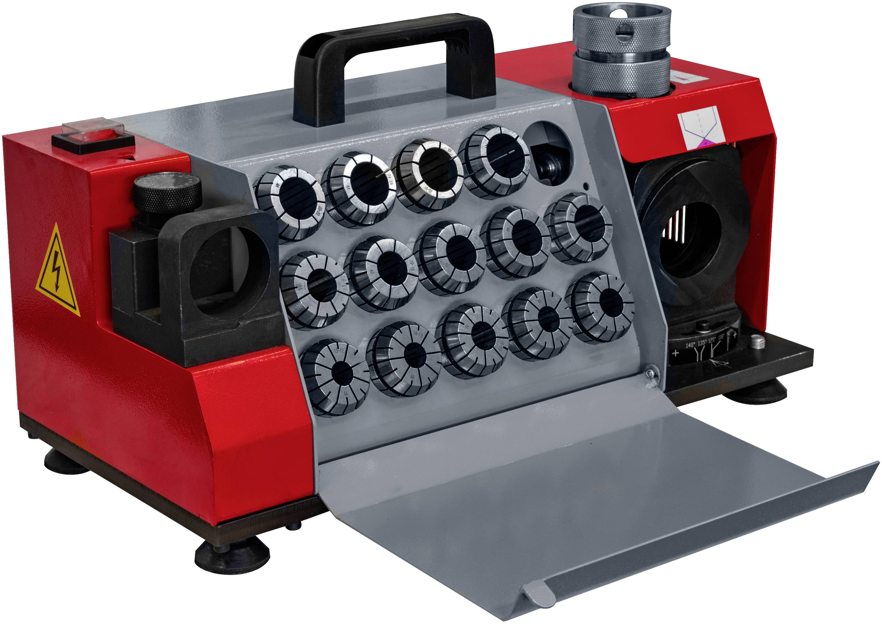 Rode en grijze elektromachine met meerdere boren en een handgreep. Aan één zijde bevindt zich een waarschuwingssymbool voor elektrische spanning.