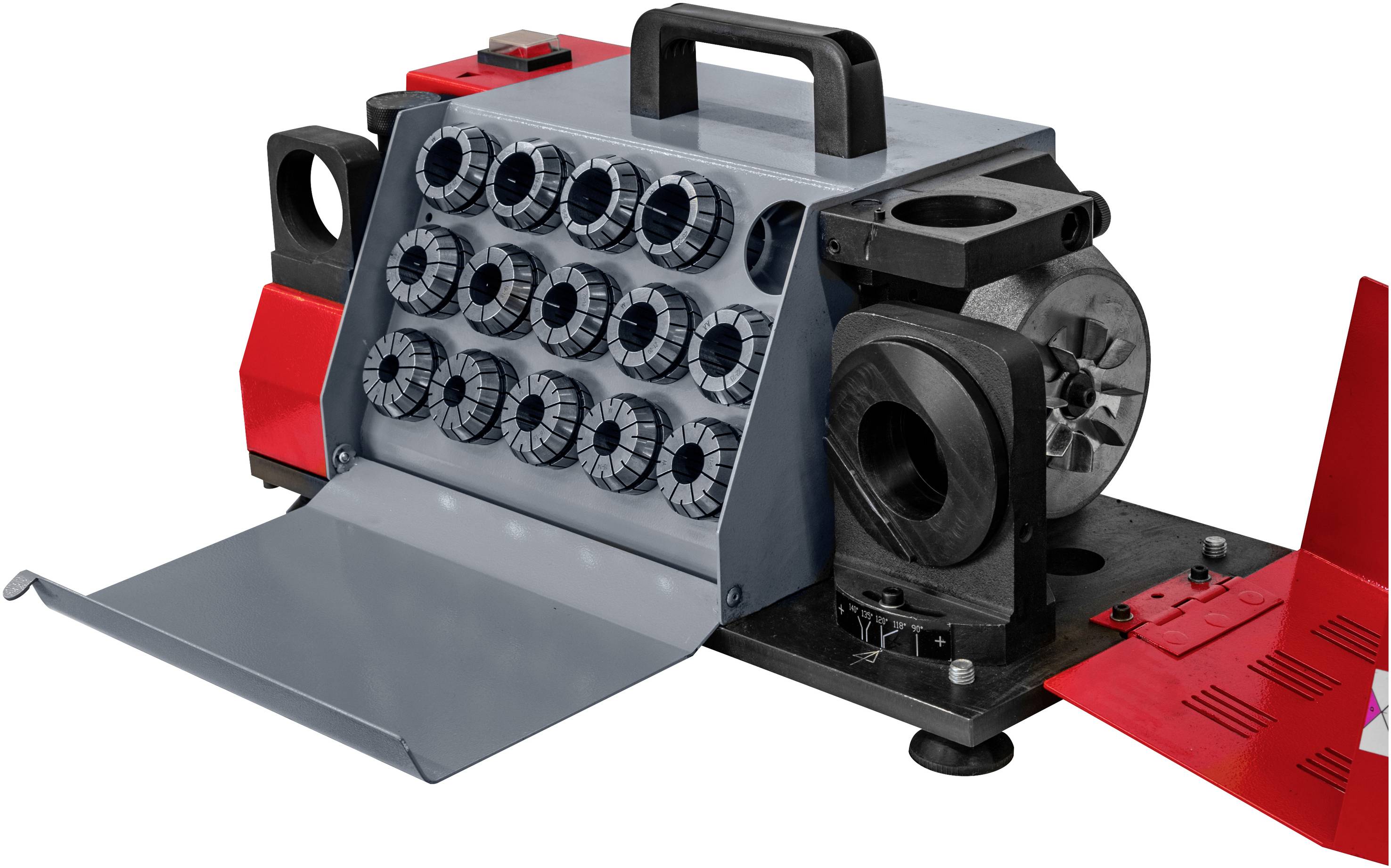 Metalen machine met een behuizing met tafelblad, meerdere ronde opzetstukken en een handgreep. De machine is voornamelijk in grijs en rood uitgevoerd.