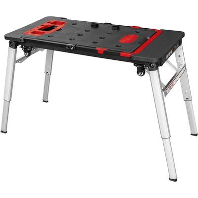 Kleine, draagbare opvouwbare tafel met zwarte metalen poten en een rood-zwart werkoppervlak. Geschikt voor werkplaatswerkzaamheden.
