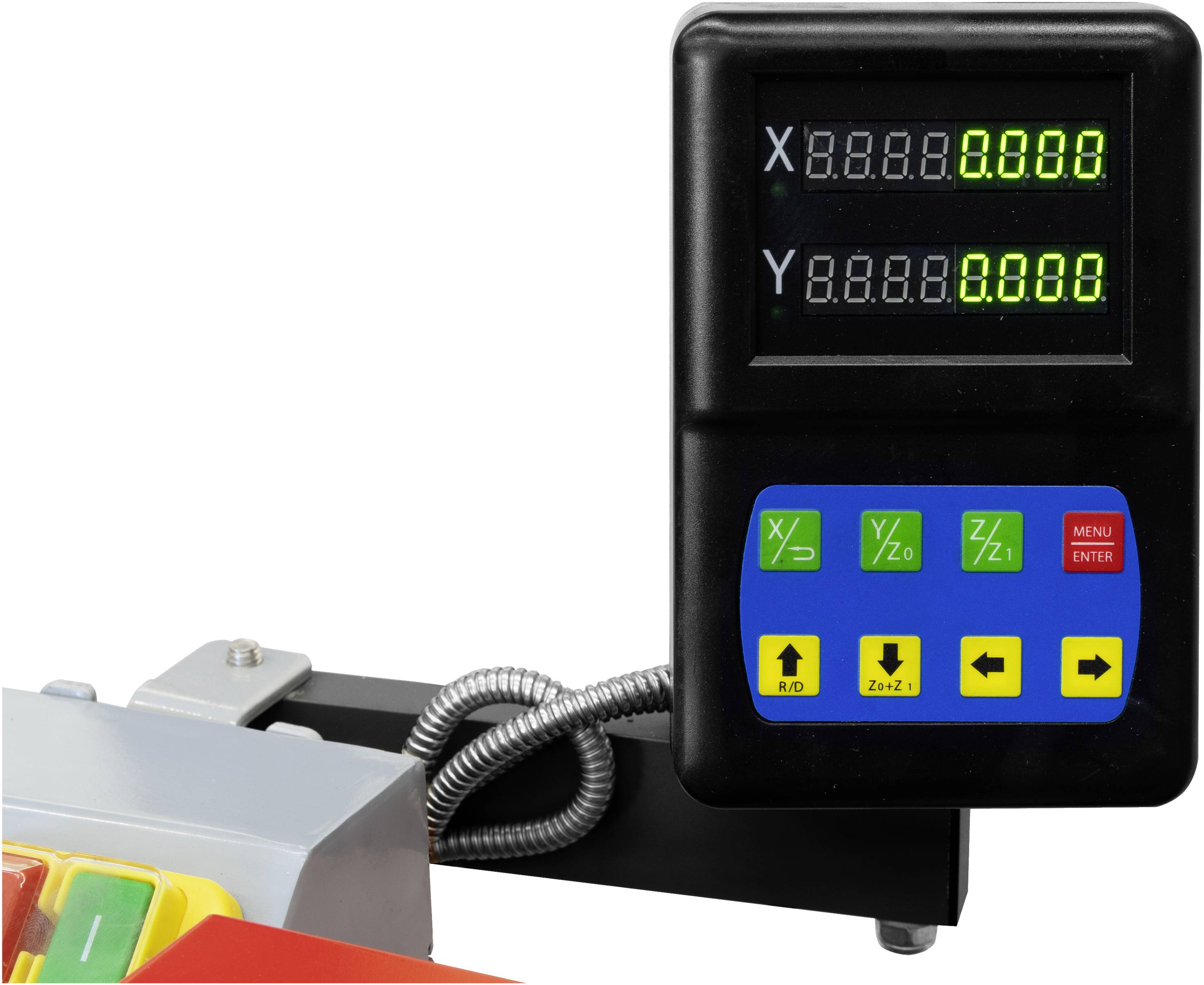 Digitale weergave met X- en Y-coördinaten op een monitor naast gekleurde toetsen. Toont 'X: 0.000' en 'Y: 0.000'.