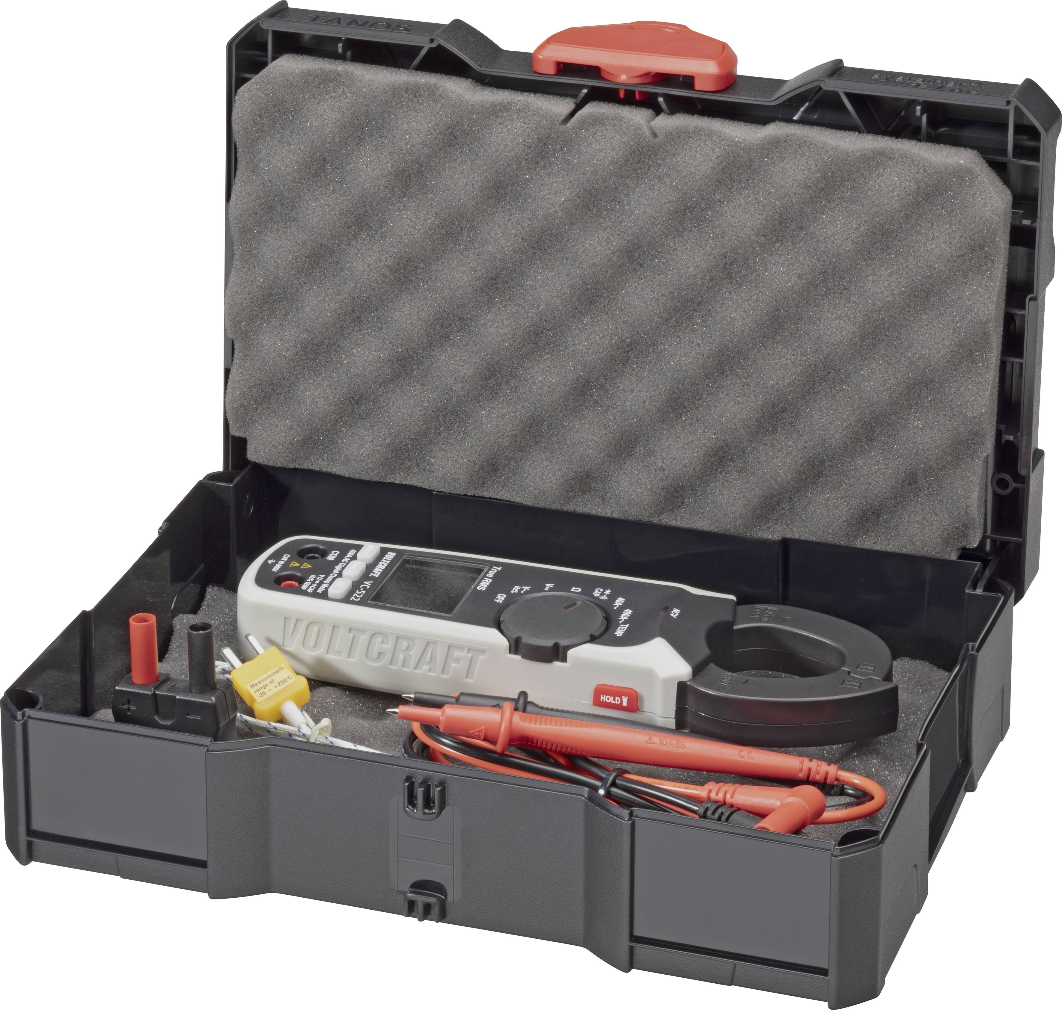 Meetapparaat-set in open koffer, bevat digitaal multimeter en meetleidingen, klaar voor gebruik, gewatteerde beschermende deksel.